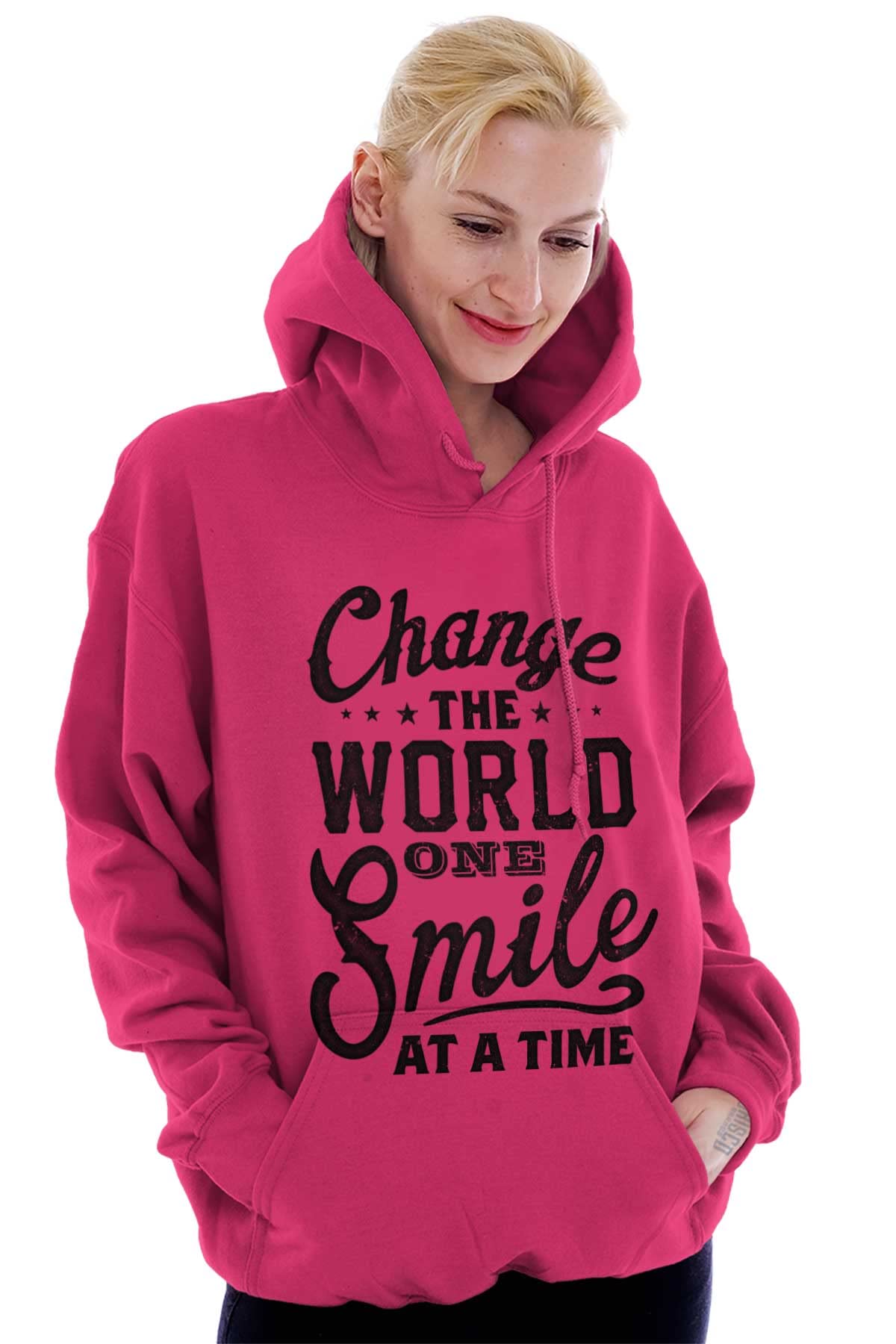 Brisco Brands Inspirational Hoodie Sweatshirt for Women - Change the World One Smile at a Time - Cozy Pullover for Casual Wear & Everyday Inspiration