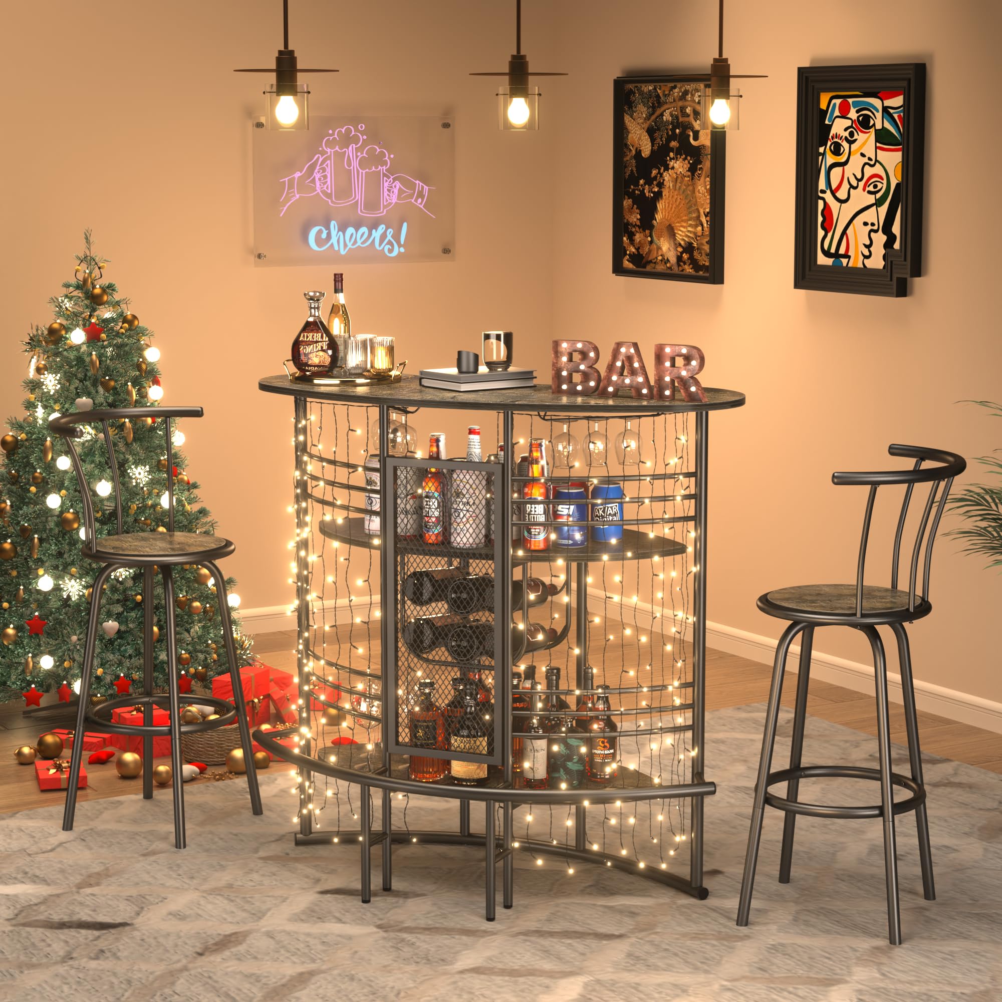VECELO 3-Tier Industrial Home Bar Cabinet with Storage Shelves & Wine Glass Holder - Oak Finish Mini Coffee Bar Table for Kitchen, Living Room, Pub | Perfect for Entertaining, Small Space Storage & Home Decor