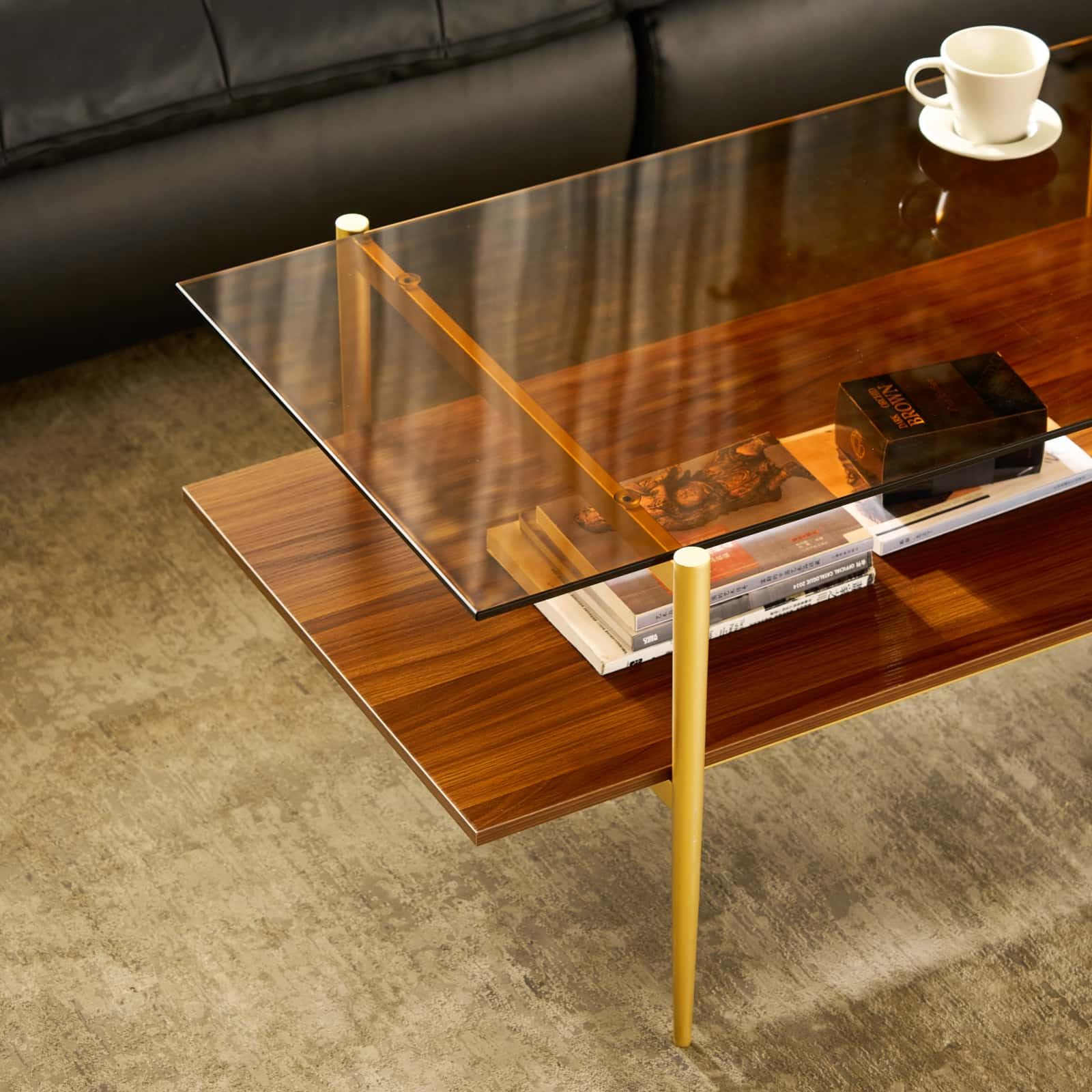 AGV LIGHTING Modern Double Layer Coffee Table with Gold Frame, Coffee Brown Glass & Walnut Wood Top - Stylish Living Room Center Table for Small Spaces, Apartments and Lounge Areas