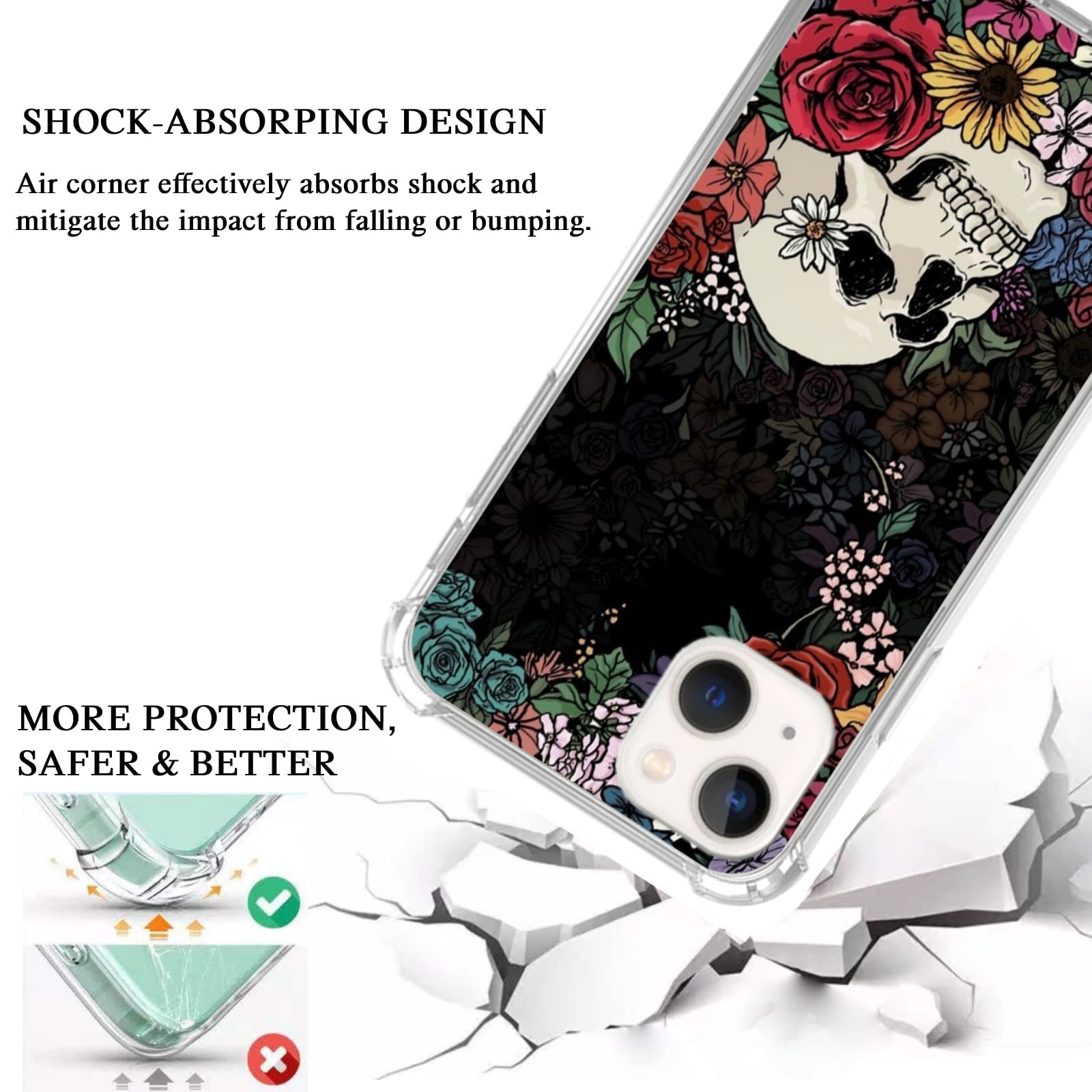 Floral Skull Skeleton iPhone 13 Mini Case - Trendy TPU Bumper Cover with 360° Protection & Wireless Charging | Perfect for Halloween, Gothic Style & Unique Fashion Accessories