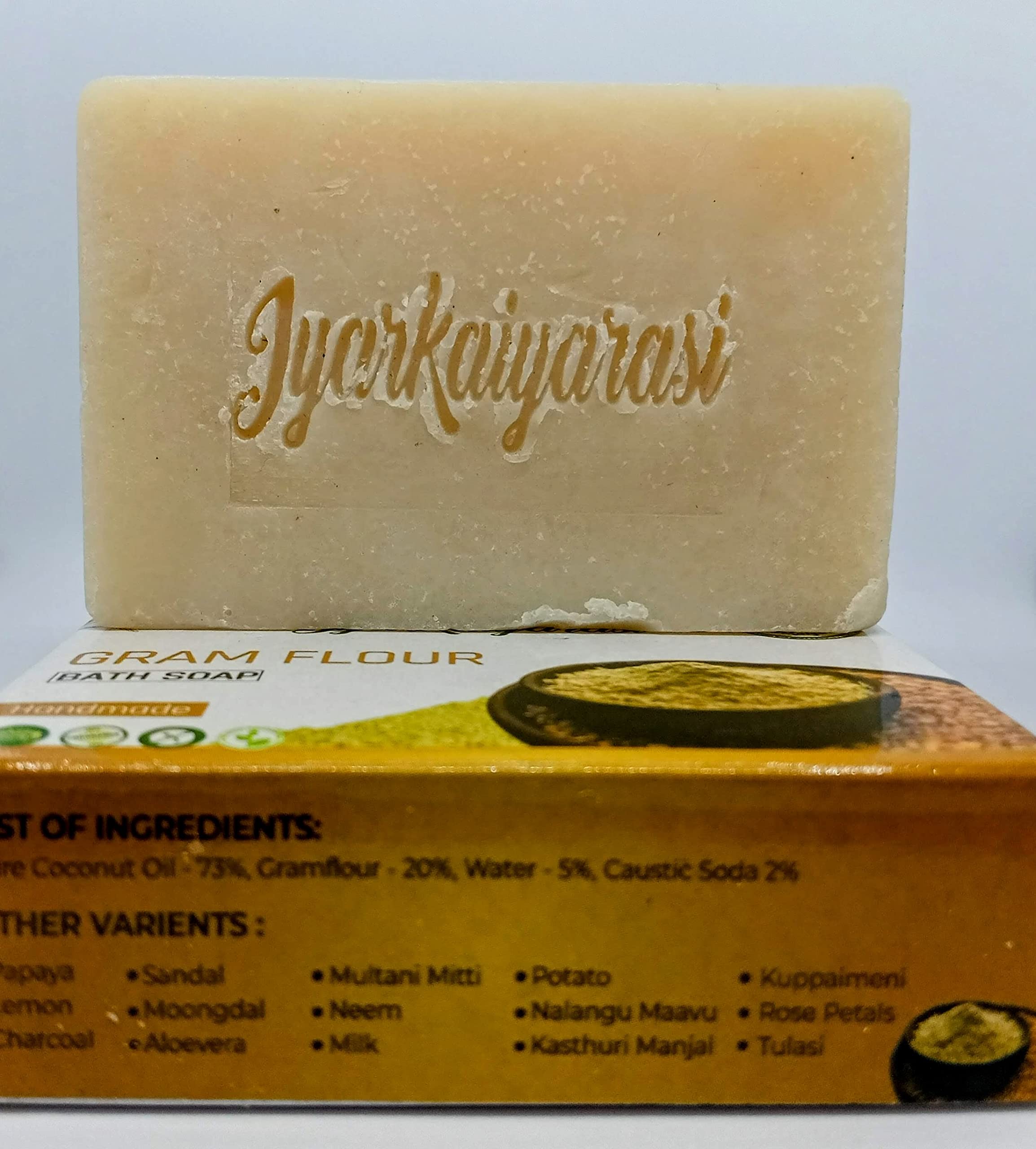 Iyarkaiyarasi Pure Coconut Oil Handmade Gram Flour Bath Soap - Fragrance-Free, Vegan, Chemical-Free for All Skin Types (130g) | Gentle Cleansing & Moisturizing for Sensitive Skin, Daily Body Wash & Ayurvedic Skincare