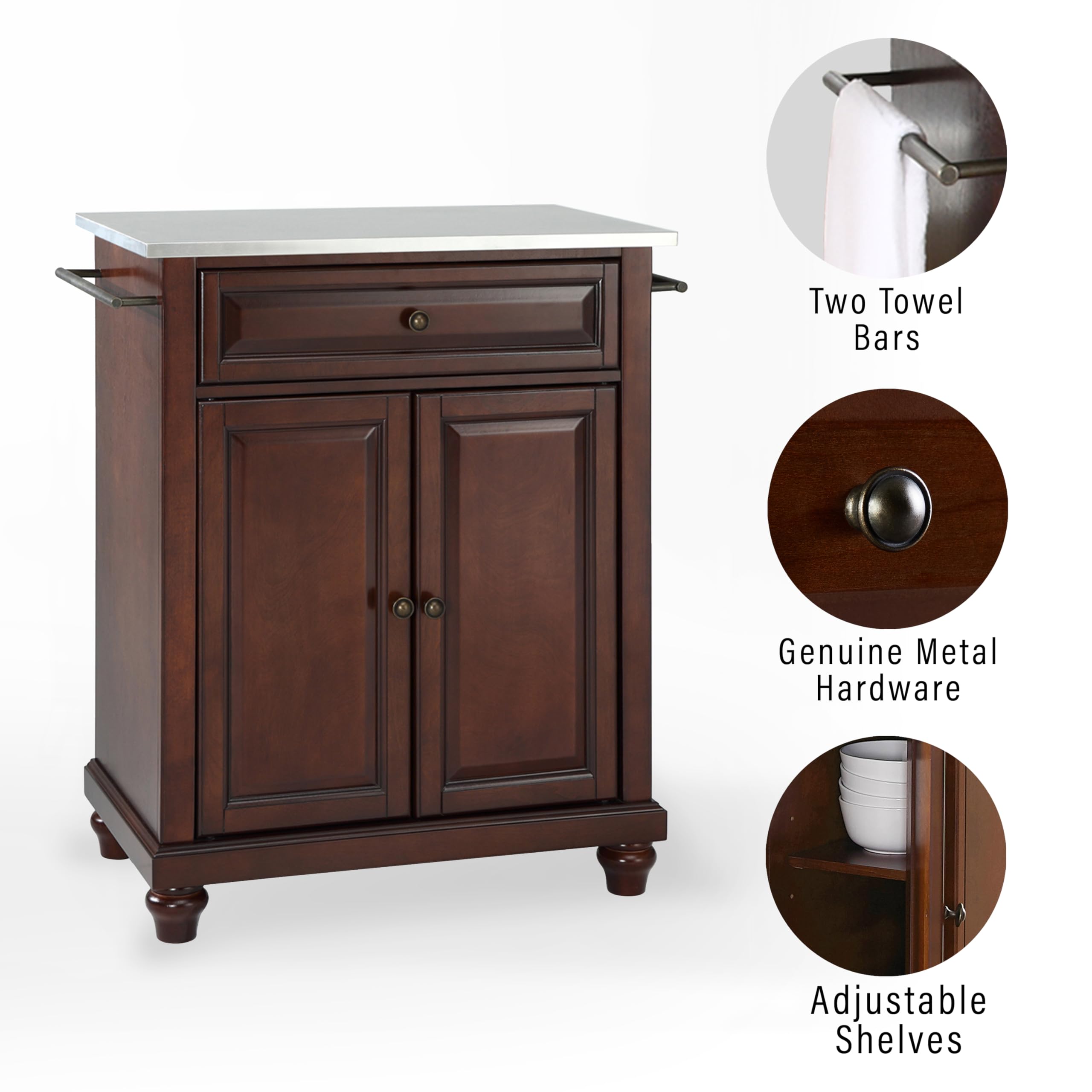 Crosley Cambridge Stainless Steel Top Rolling Kitchen Island Cart with Storage - Microwave Stand, Mahogany Finish for Small Spaces | Perfect for Compact Kitchens, Dining Areas & Mobile Food Prep Stations