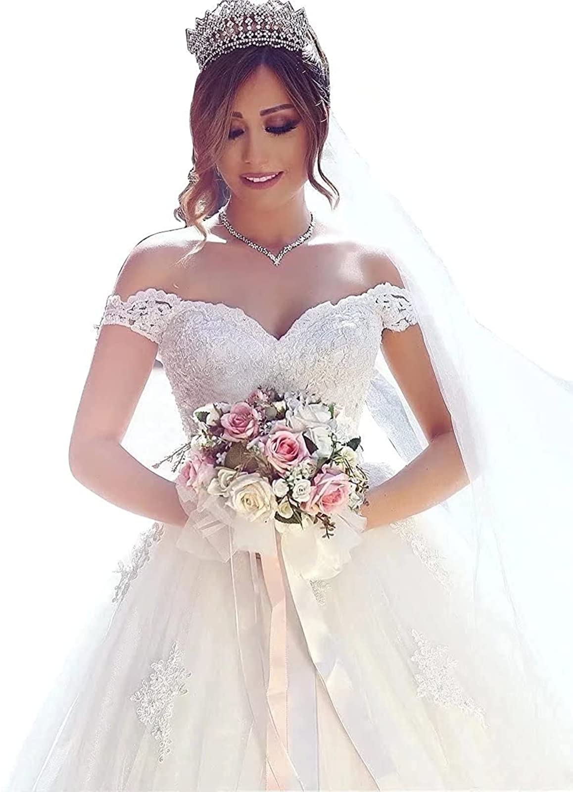 Elegant Lace Appliqué Off-The-Shoulder Ruffled Tulle Wedding Dress with Long Train - Perfect for Bridal Gowns, Formal Events & Romantic Photo Shoots