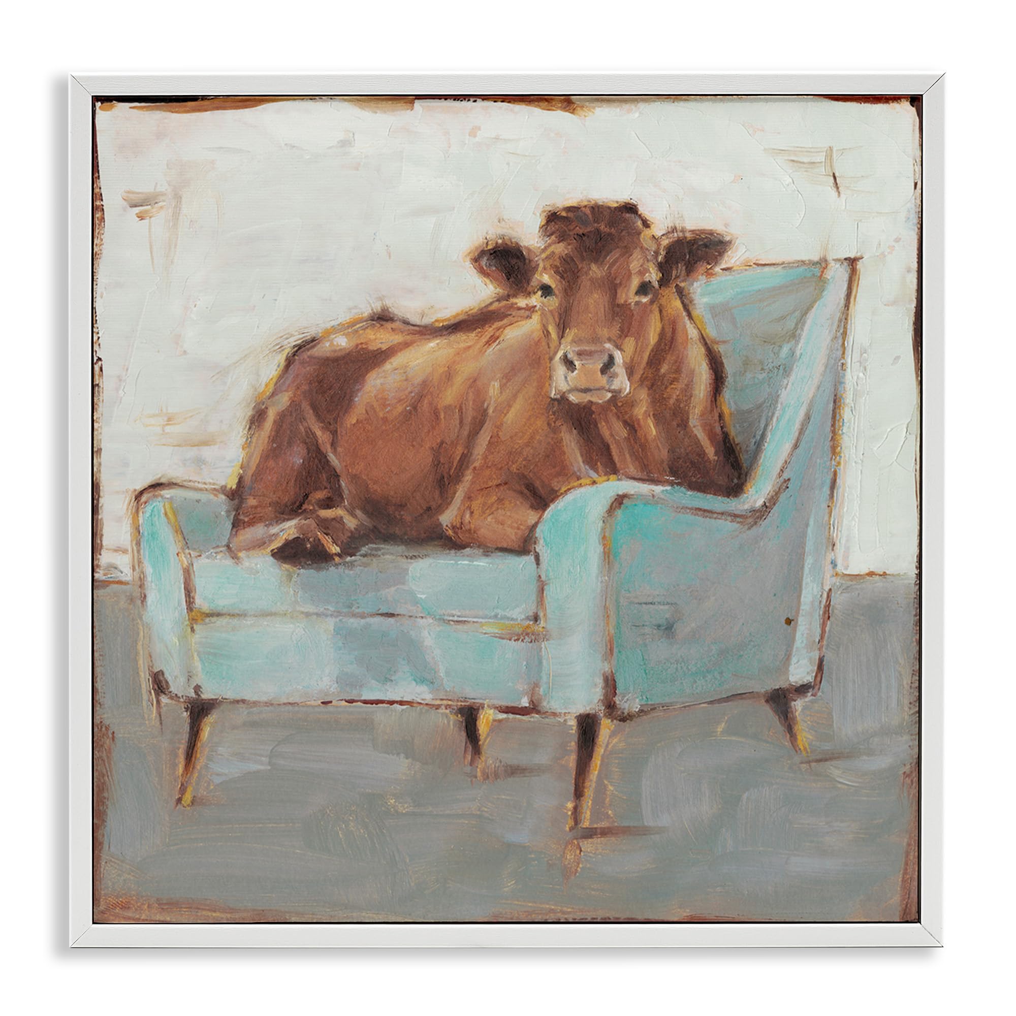 Stupell Industries Brown Bull on Blue Couch Neutral Painting - Ethan Harper White Framed Wall Art 24x24 - Modern Farmhouse Decor for Living Room, Bedroom & Office