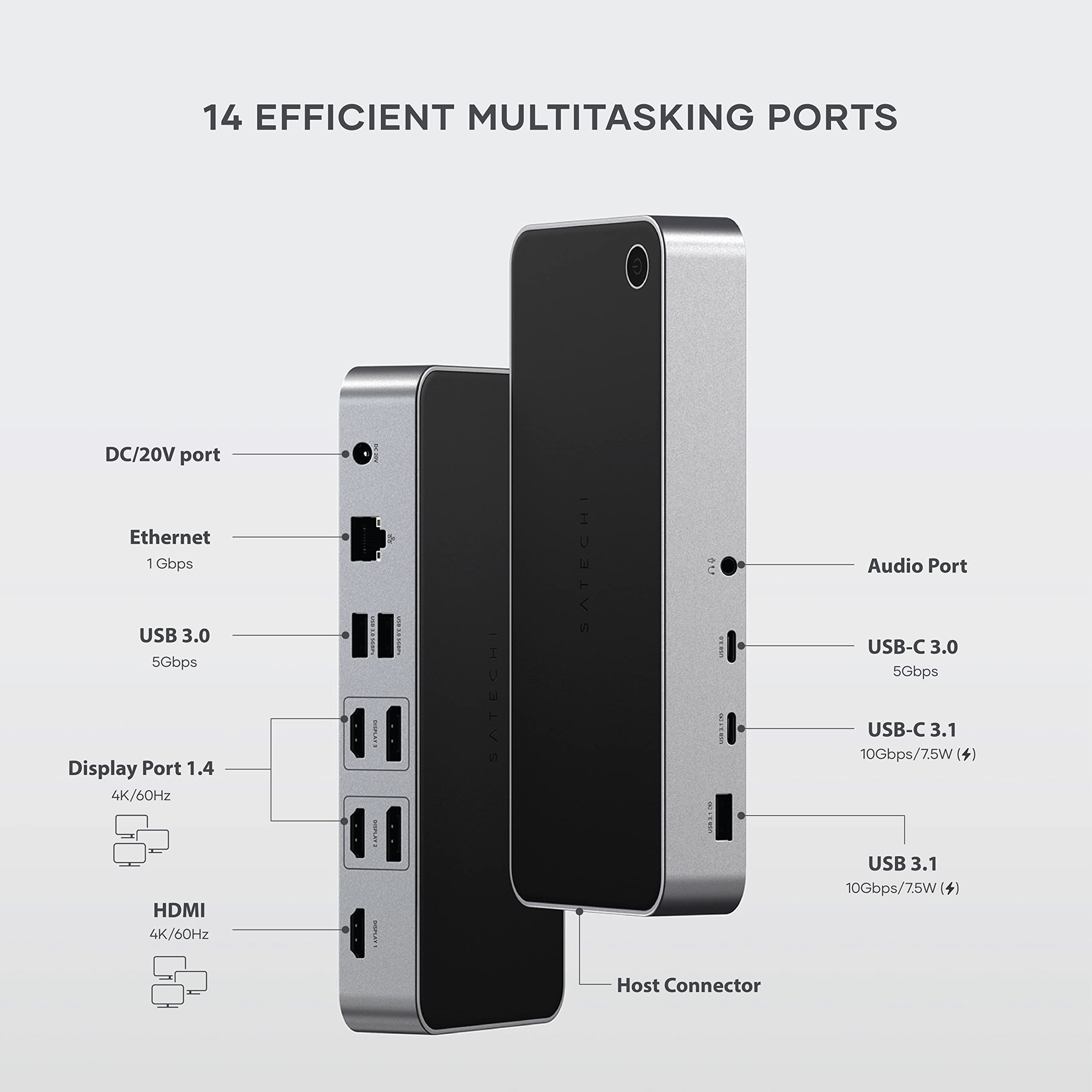 Satechi 14-in-1 USB C Triple 4K Docking Station with 100W PD, 2 DisplayPort, 3 HDMI, 4 USB C Ports, USB-A, Gigabit Ethernet & Audio Jack - Compatible with MacBook & Windows Laptops - Perfect for Home Office, Gaming & Multi-Monitor Setup