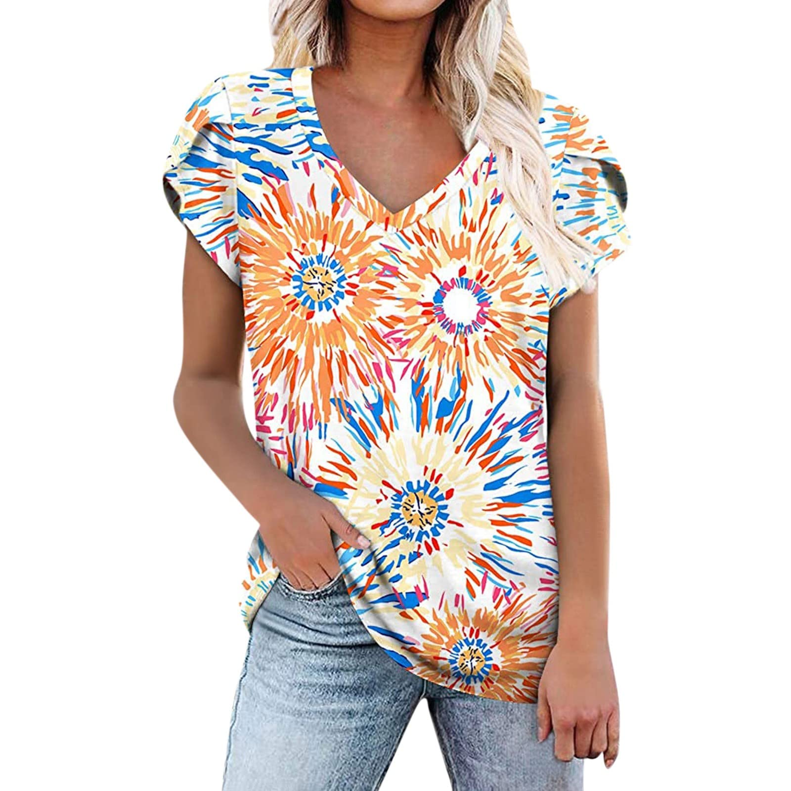 Women's Summer Short Sleeve V-Neck Floral Print T-Shirt - Casual Loose Fit Comfortable Top for Women (Large) - Perfect for Beach Outings, Picnics & Everyday Wear