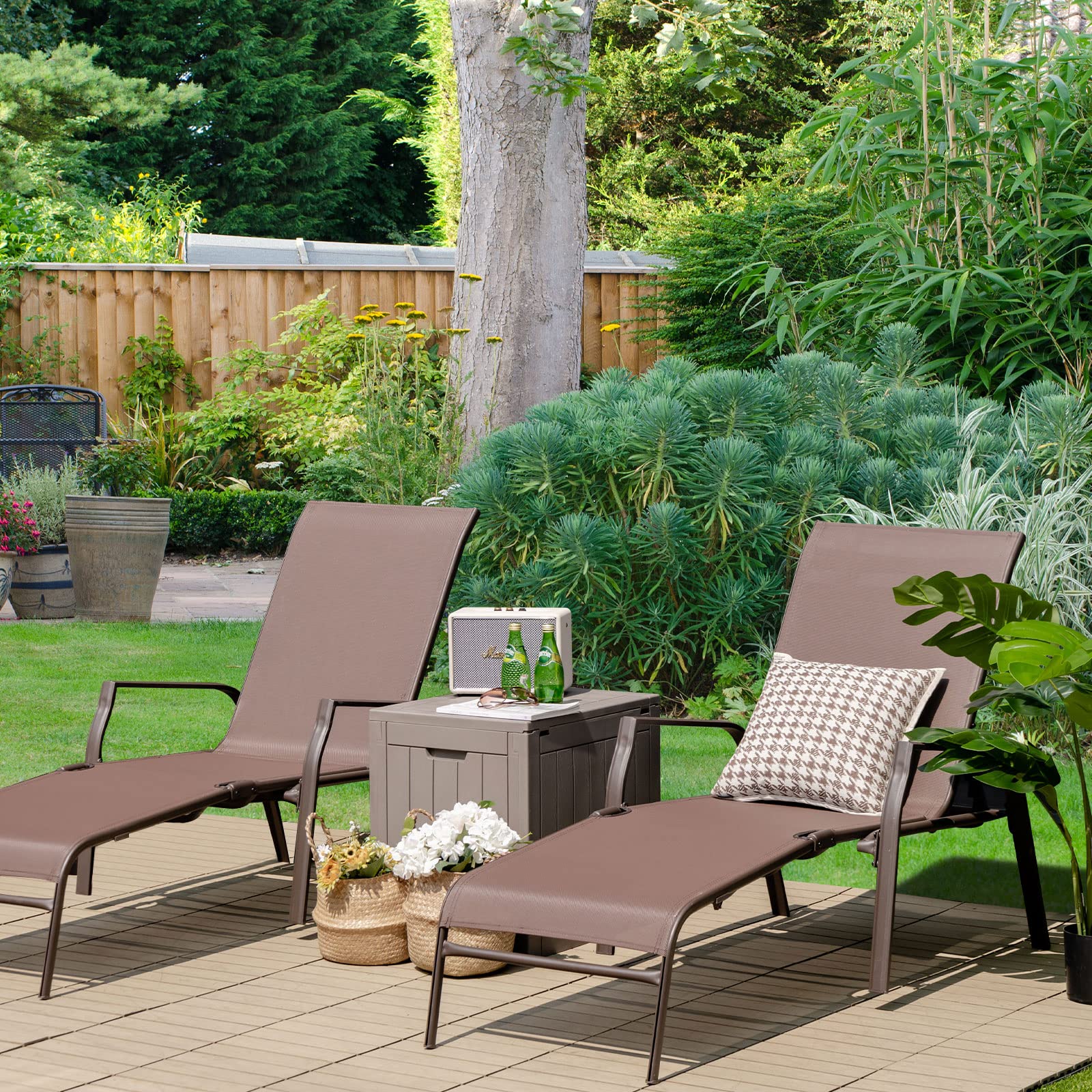 Tangkula 2-Piece Adjustable Folding Stackable Patio Lounge Chairs Set - Heavy Duty Steel Frame, 5-Position Reclining Backrest - Perfect for Poolside, Backyard, Beach & Outdoor Relaxation (Brown)