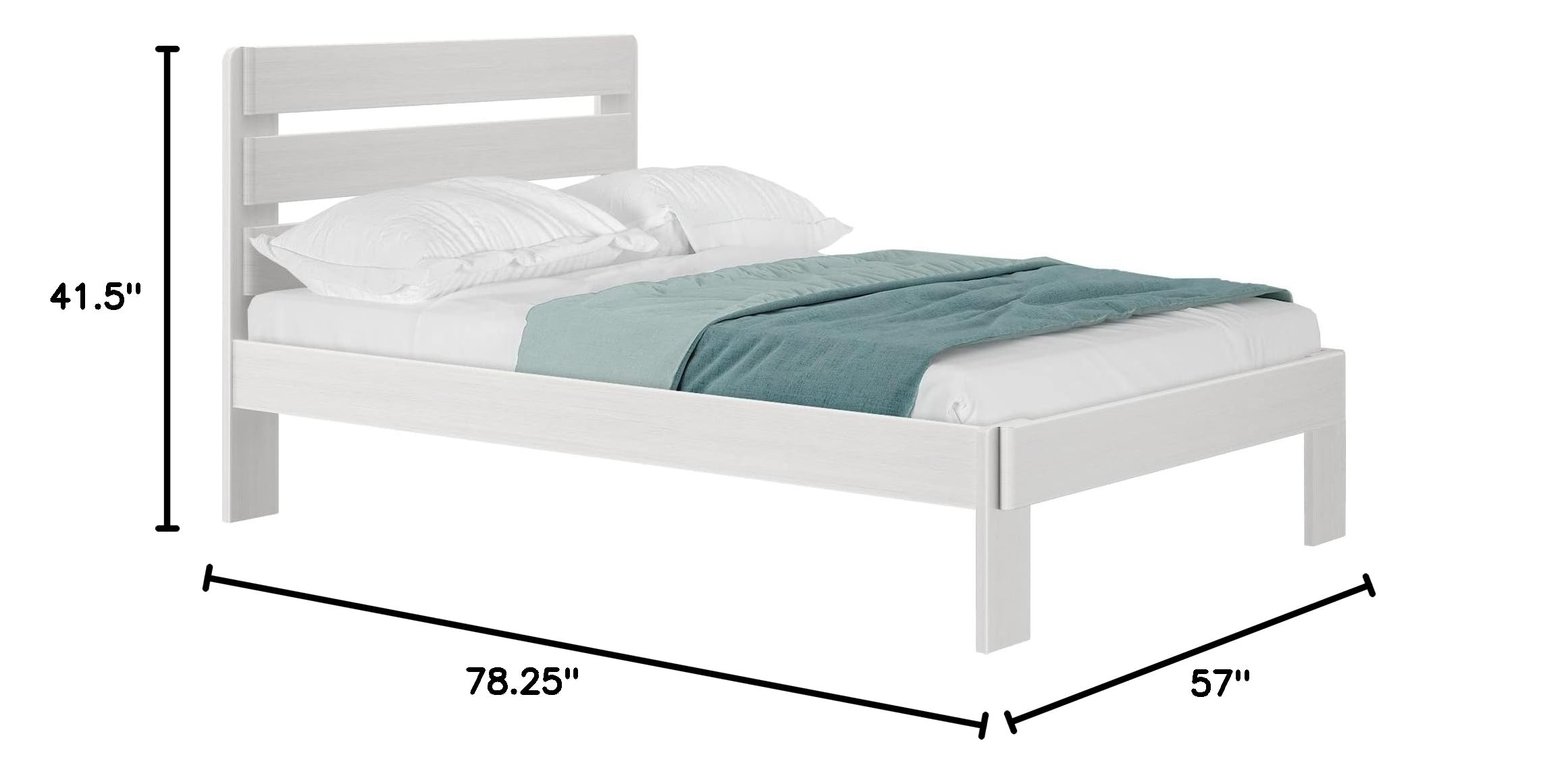 Rustic White Wash Wood Full Bed Frame with Headboard - Solid Platform Bed with Slatted Support for Bedroom, Guest Room & Dormitory