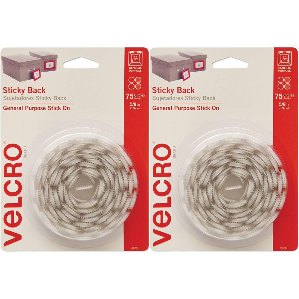 Velcro Hook and Loop Fasteners with Dispenser - 5/8 Inch White Sticky-Back Dots - 75 Sets per Pack (2 Packs, 150 Total) - Ideal for Organizing Cables, DIY Crafts, and Home Office Use