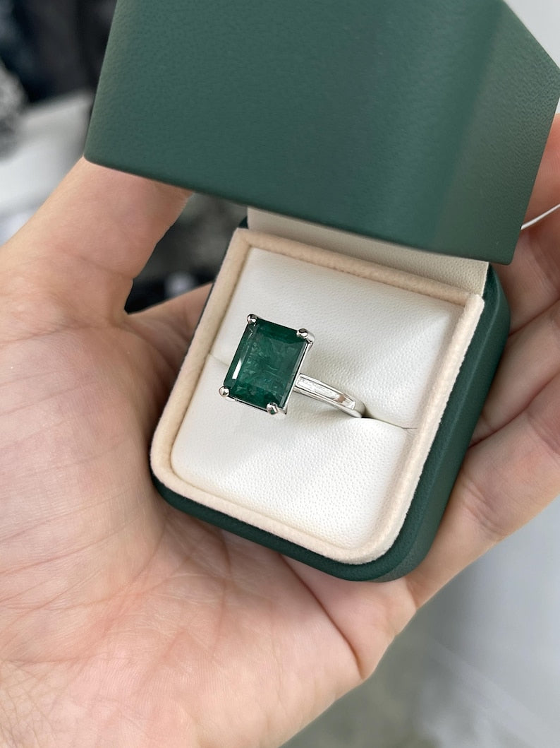 9.16ct Natural Deep Green Emerald Cathedral Solitaire Ring in 14K White Gold | Elegant Wedding, Engagement & Anniversary Jewelry Gift for Women