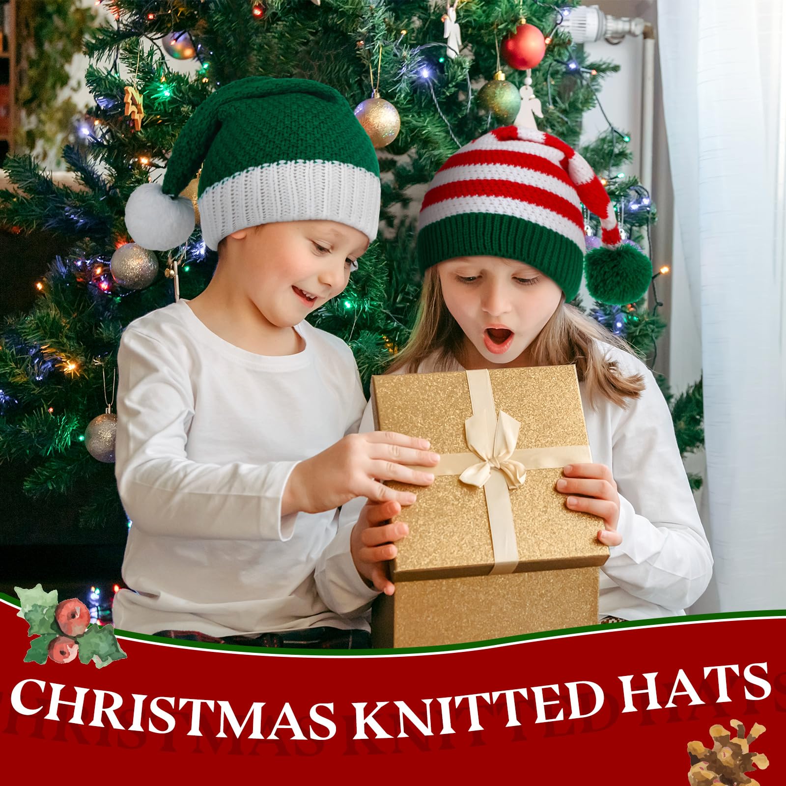 Funtery 6-Pack Christmas Knitted Elf Hats - Bulk Crochet Santa Hats for Adults, Women & Men - Festive Holiday Beanies for Family Matching Outfits - Perfect for Christmas Parties, Gift Exchanges & Winter Photo Shoots
