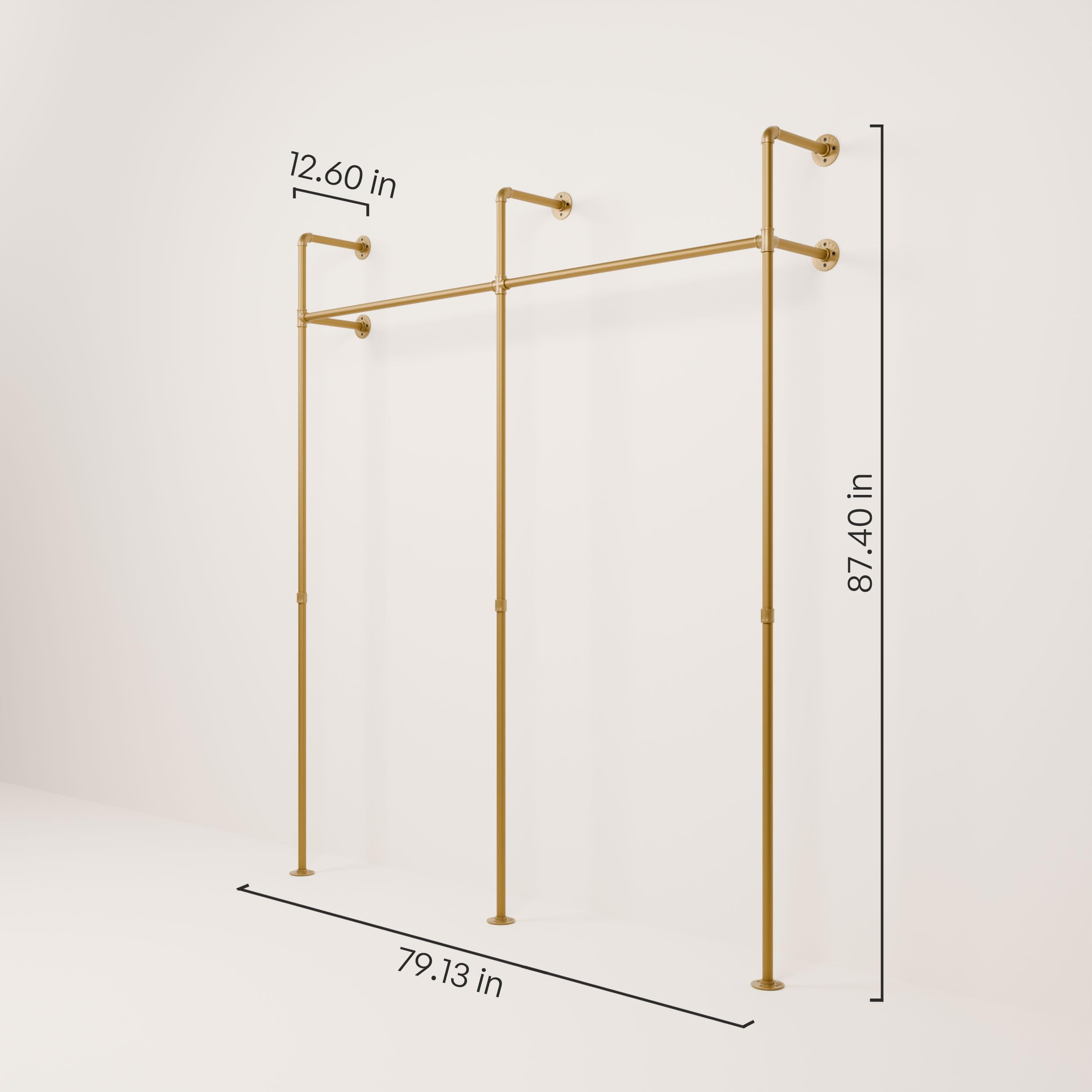 Heavy Duty Gold Industrial Pipe Clothing Rack - 440 lbs Capacity Wall Mounted Garment Rack for Walk-In Closet & Wardrobe Organization - Perfect for Home, Laundry Room & Boutique Store Display