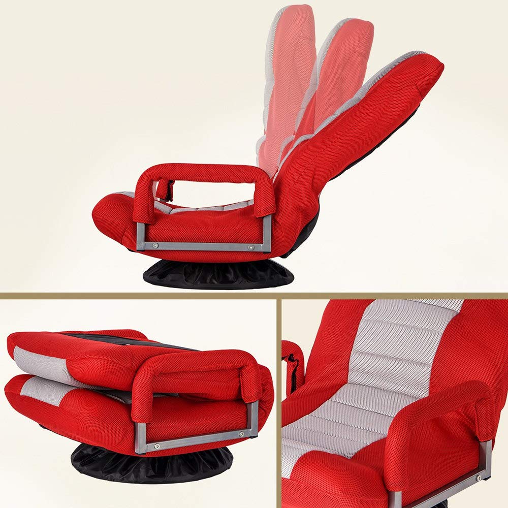 360 Degree Swivel Gaming Chair - 7-Position Adjustable Foldable Floor Chair with Armrests, Ergonomic Lazy Sofa Lounger for Living Room, Bedroom or Game Room - Perfect for Video Gaming, Movie Nights and Relaxing - Red
