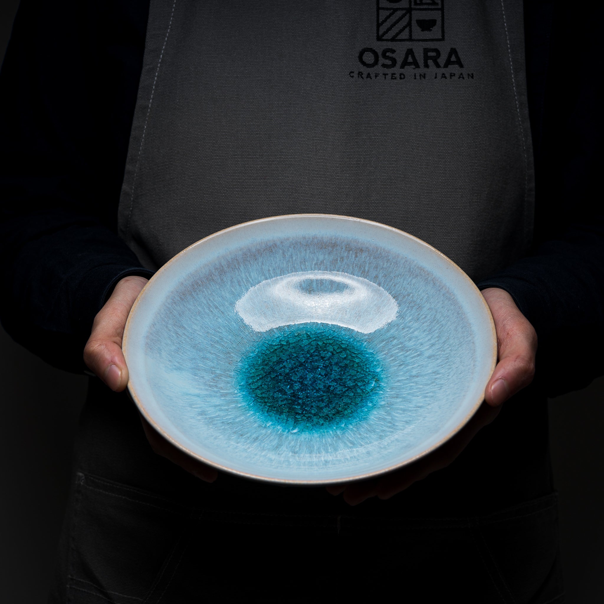 Tenryu Kiln Hagi Ware Large Shallow Bowl 20cm Sky Blue - Japanese Ceramic Serving Dish for Sushi, Noodles & Salad | Handcrafted Pottery for Home Dining & Restaurant Use