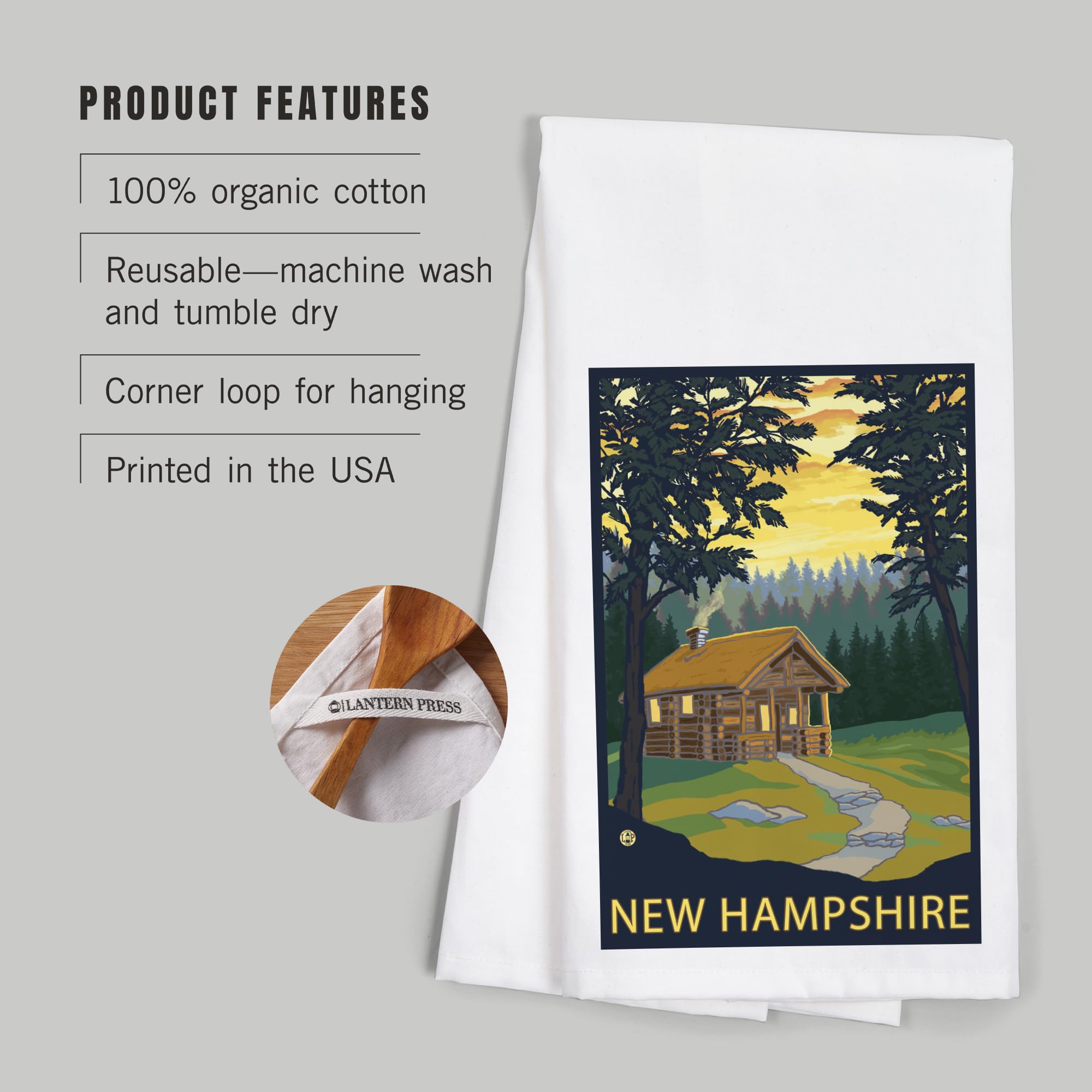 Lantern Press New Hampshire Cabin Scene Tea Towel - 100% Cotton Decorative Hand Towel for Kitchen & Home Decor | Perfect for Gifts, Farmhouse Style, and Cozy Cabin Vibes