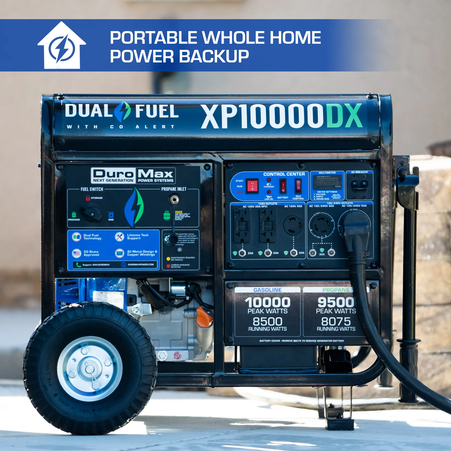 DuroMax XP10000DX 8500W/10000W Dual Fuel Portable Generator - Gas & Propane Powered with Electric Start & CO Alert - Perfect for Home Backup Power, Camping & Emergency Use
