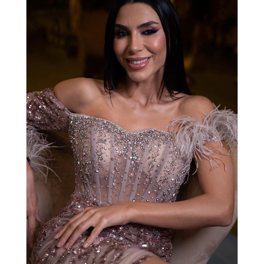Serene Hill Rose Gold Off Shoulder One Sleeve Mermaid Feather Evening Dress - Elegant High Slit Sexy Party Gown for Women LA72082 | Perfect for Prom, Cocktail Party & Formal Events
