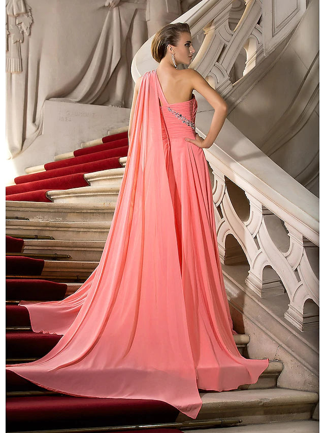 Elegant A-Line Chiffon Wedding Guest Dress with Crystal Draping - One Shoulder Sleeveless Court Train Gown for Formal Events, Evening Parties & Special Occasions