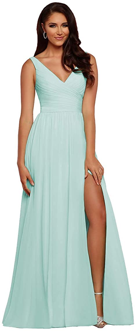 Elegant King Noiva Bridesmaid Dresses - Long Chiffon Wedding Guest Dress with Pleated V-Neck & High Slit Backless Design for Prom, Formal Events & Special Occasions - Perfect for Weddings, Parties & Evening Galas