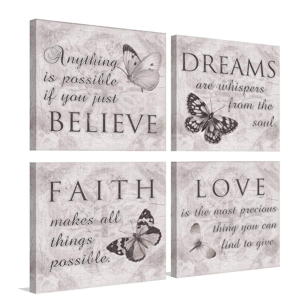4-Piece Butterfly Wall Art Set with Inspirational Quotes - Love, Dream, Faith, Believe in Grey - Framed Canvas Pictures for Bathroom, Bedroom & Living Room Decor - Perfect for Home, Office & Gift Giving