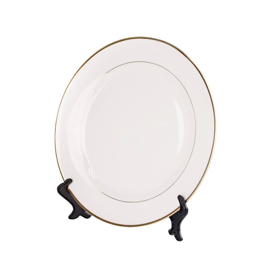 MR.R Set of 2 Sublimation Blanks - 8 Inch White Ceramic Gold Rim Plates with Stand, Lead-Free Porcelain Plates for Dessert, Salad & Appetizers | Microwave, Oven & Freezer Safe | Perfect for Parties, Weddings & Home Decor