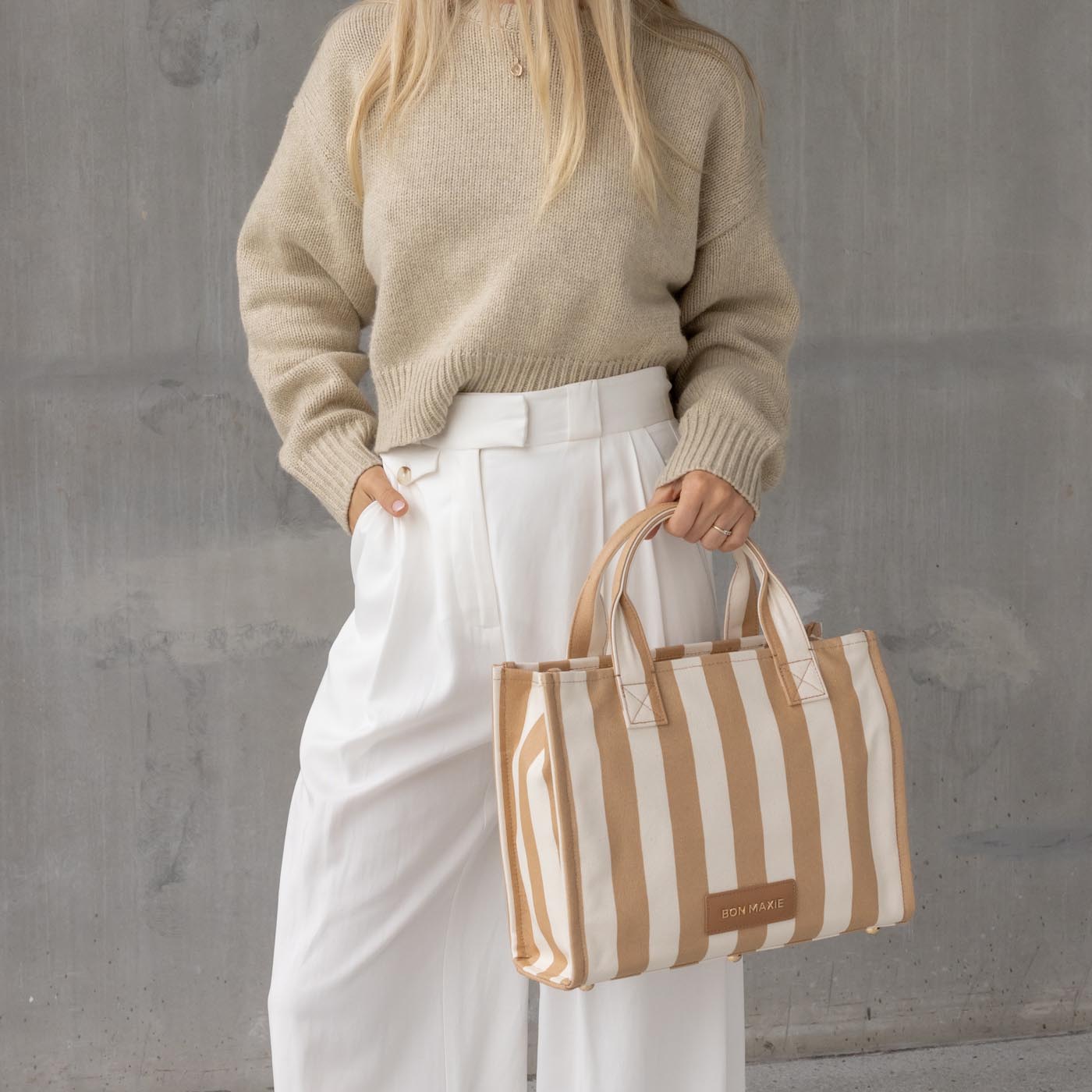 Structured Tote Bag for Women - Small Leather Crossbody Shoulder Bag with Tan Stripe Design - Perfect for Work, Travel & Everyday Use