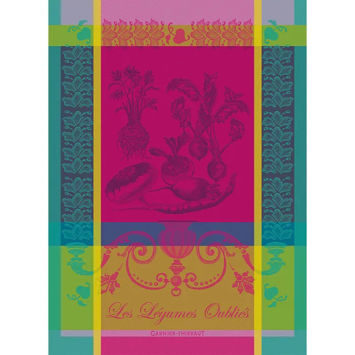Garnier Thiebaut Premium Cotton Tea Towels - Legumes Oublies Fuchsia Pattern - Absorbent Kitchen Towels for Drying Dishes & Decorating - Perfect for French Country Style Kitchens