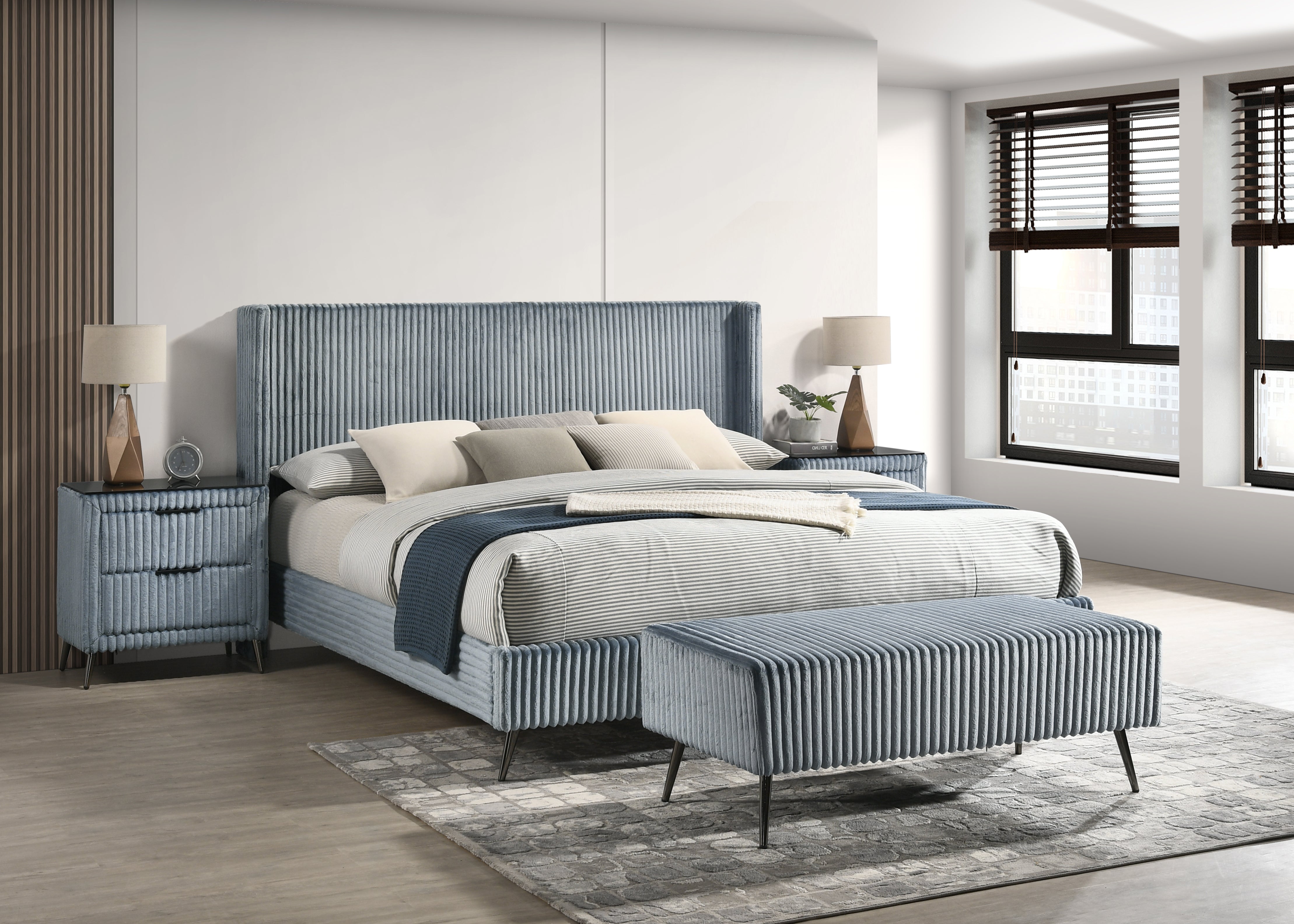 Roundhill Furniture Mavela Wide Wale Corduroy Upholstered Panel Bed Set with 2 Nightstands & Bench - Luxurious Bedroom Suite for Master Bedroom or Guest Room