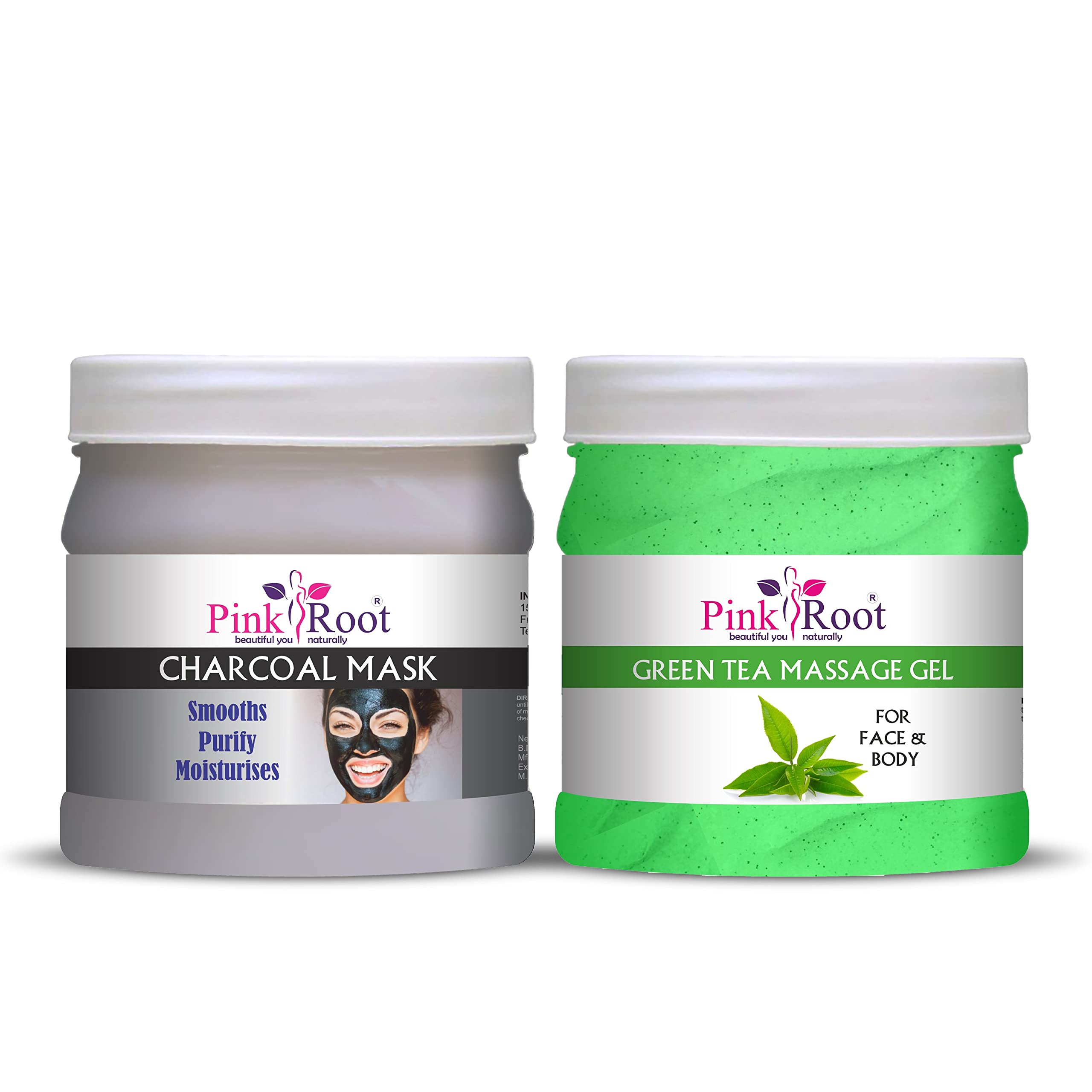 Organic Pink Root Green Tea Massage Gel & Activated Charcoal Mask Set - 500ml Each for Skin Detox & Relaxation | Spa, Facial, Body Care at Home