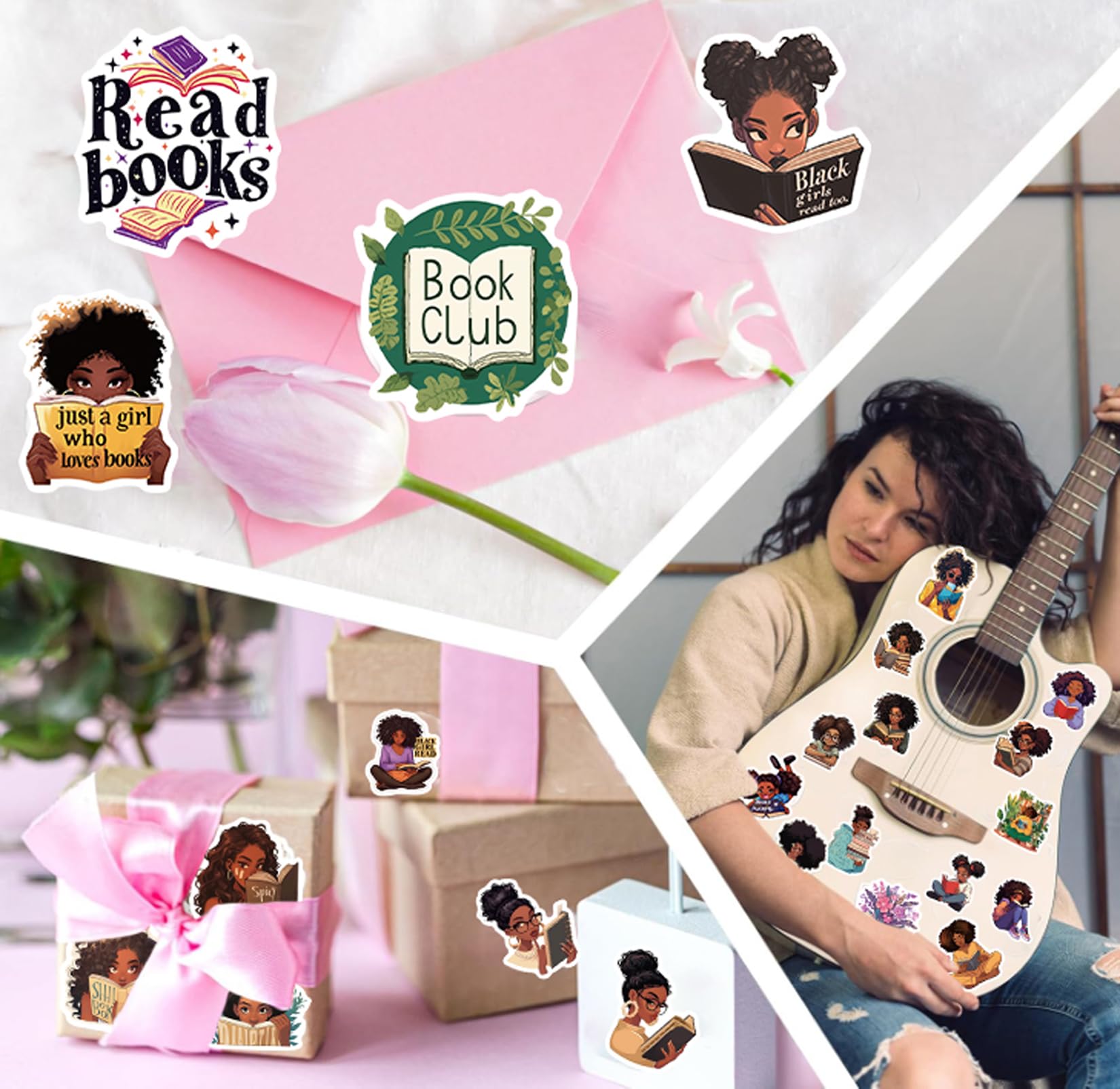50 Pcs Black Girl Bookish Stickers for Kindle & Laptop - Bookworm Reading Stickers, Black Woman Book Lover Gifts, Vision Board Decals - Perfect for Journals, Planners, Water Bottles & DIY Crafts