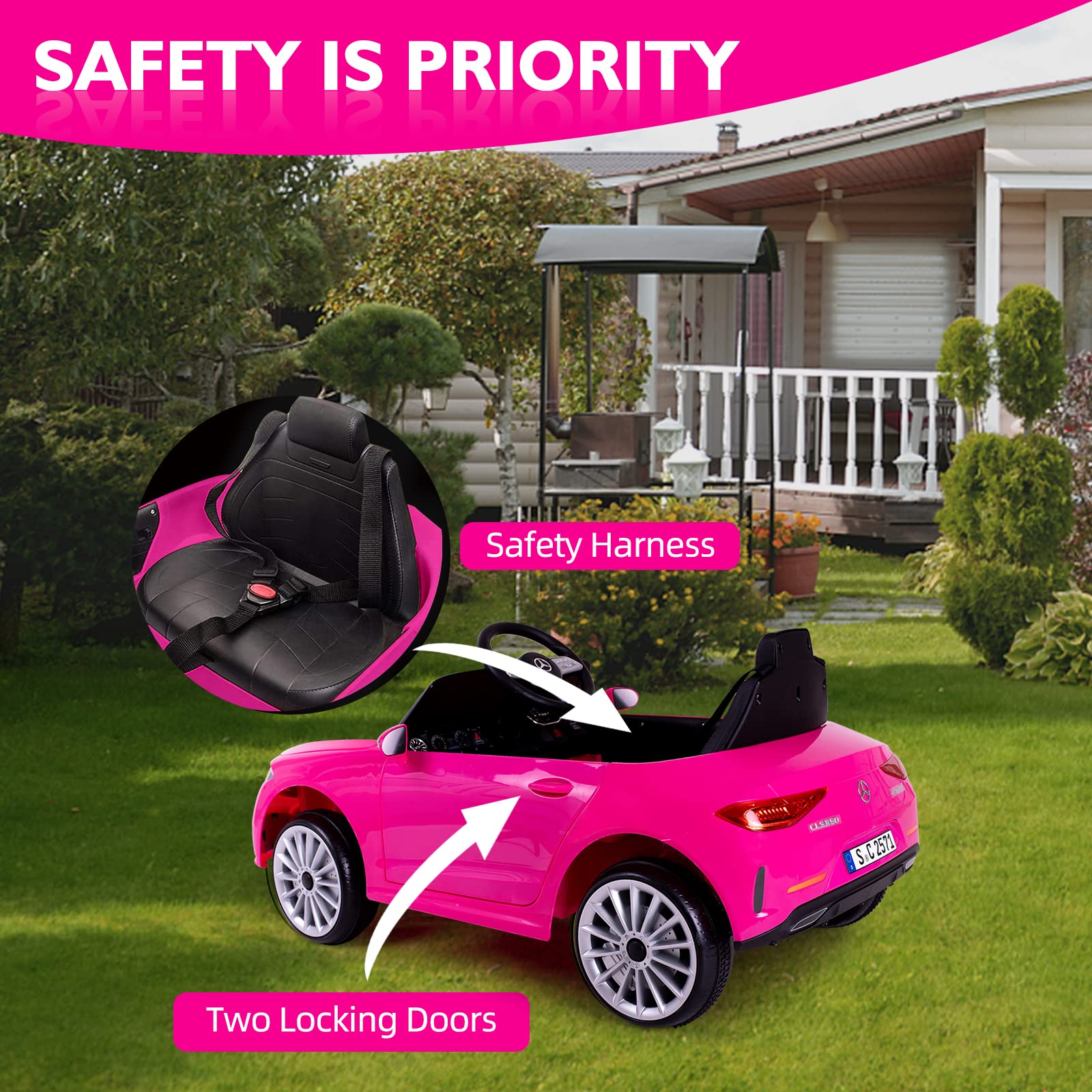 **12V Mercedes Benz Licensed Kids Electric Ride-On Car with Remote Control - Adjustable Speed, Safety Belt, Music & LED Lights (Pink) - Perfect for Outdoor Play, Birthday Gifts & Toddler Fun**