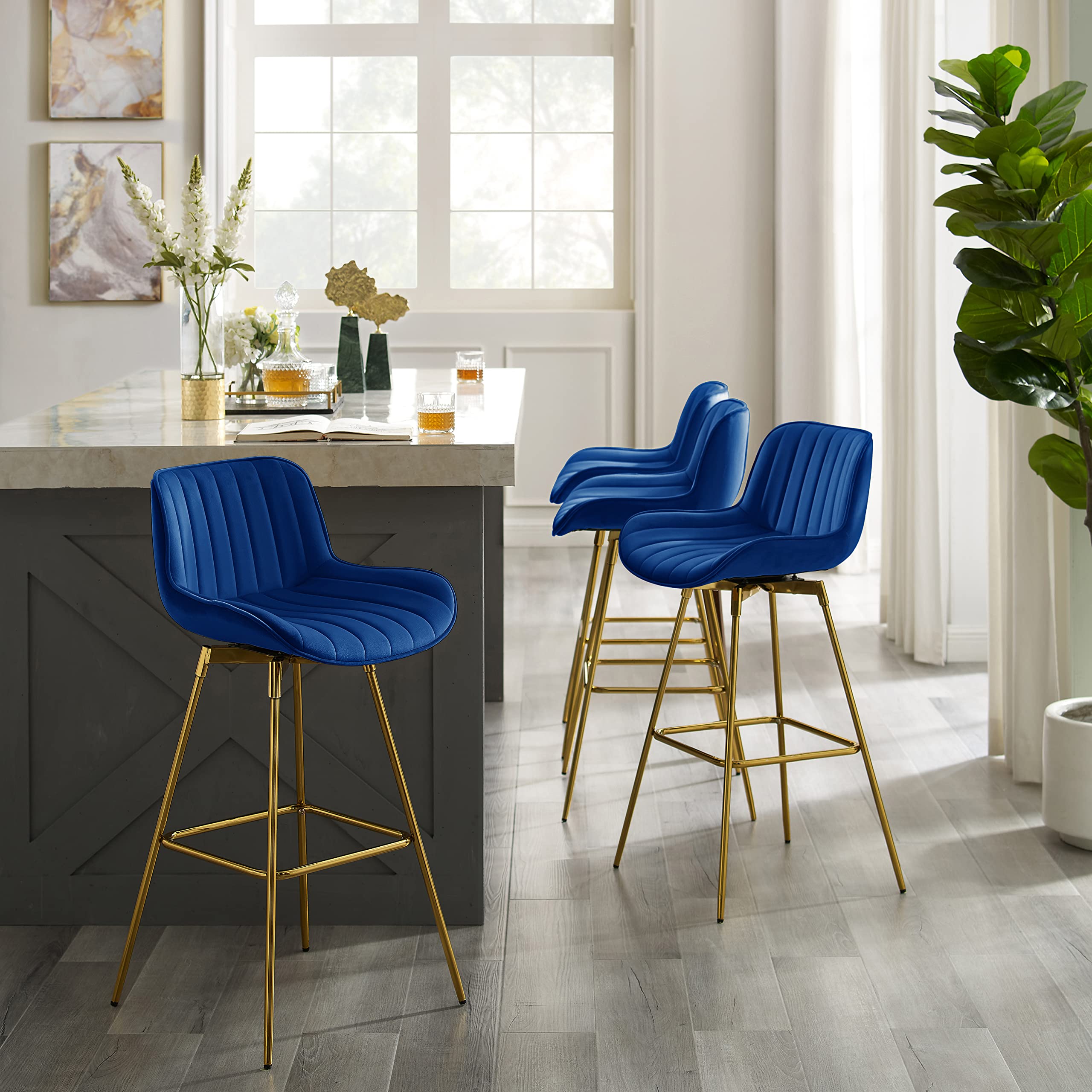 Zouron 4-Piece Swivel Bar Stools Set - Counter Height Bar Chairs with Back & Gold-Plated Metal Legs, Velvet Upholstered Kitchen Island Stools in Blue - Perfect for Kitchen, Dining Room, Bar Counter & Home Decor