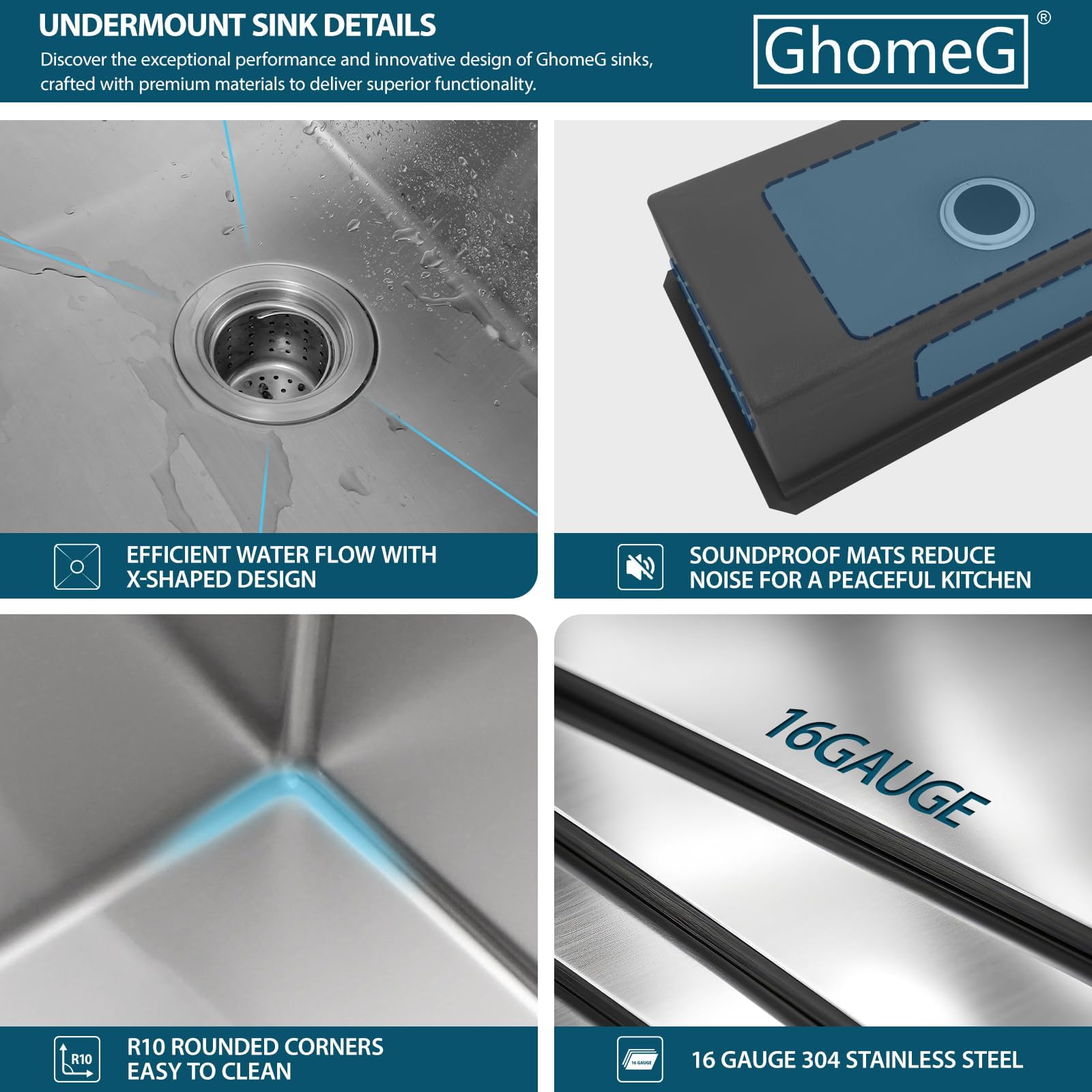 28x19 Inch Undermount Kitchen Sink - GhomeG T304 Stainless Steel 16 Gauge Single Bowl Workstation Sink with Round Corners | Under Counter Installation for Modern Kitchens, Food Prep & Dishwashing