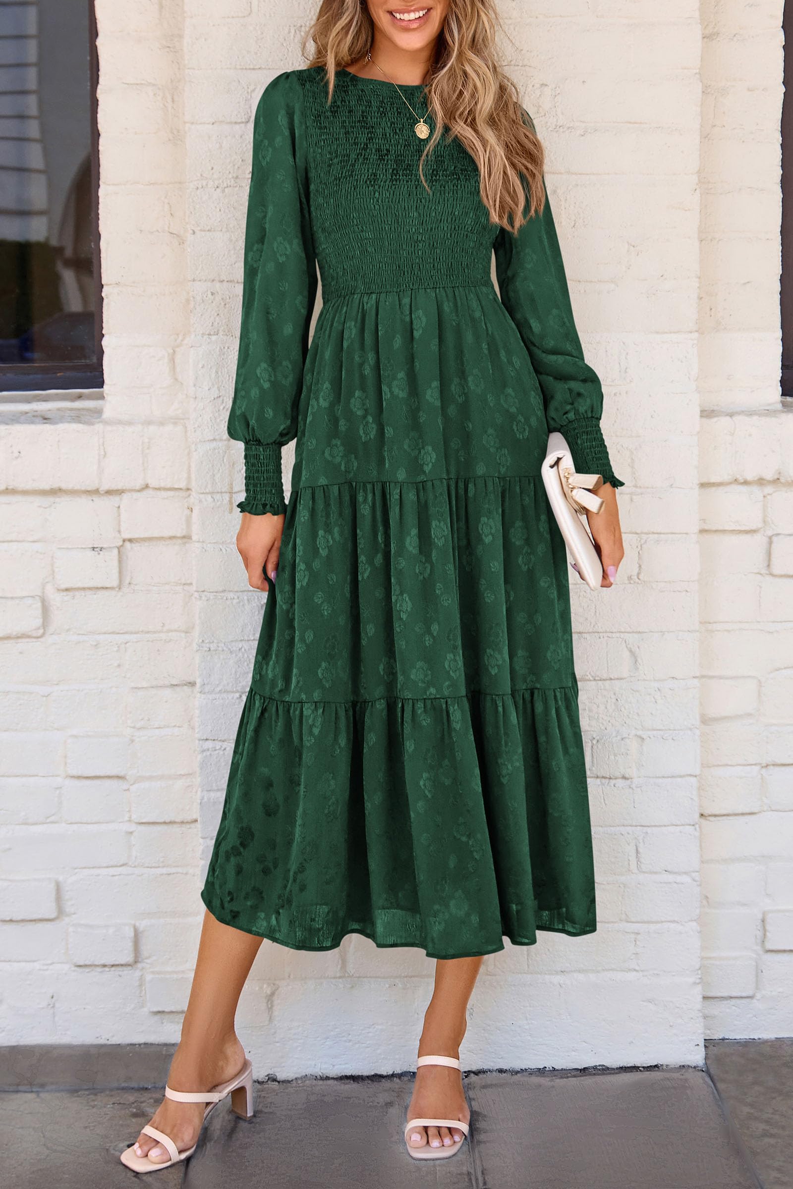 PRETTYGARDEN Women's Floral Midi Dress with Long Sleeves - Elegant Smocked Waist, Flowy Wedding Guest Dress with Pockets - Perfect for Fall, Spring Weddings, Parties & Special Occasions