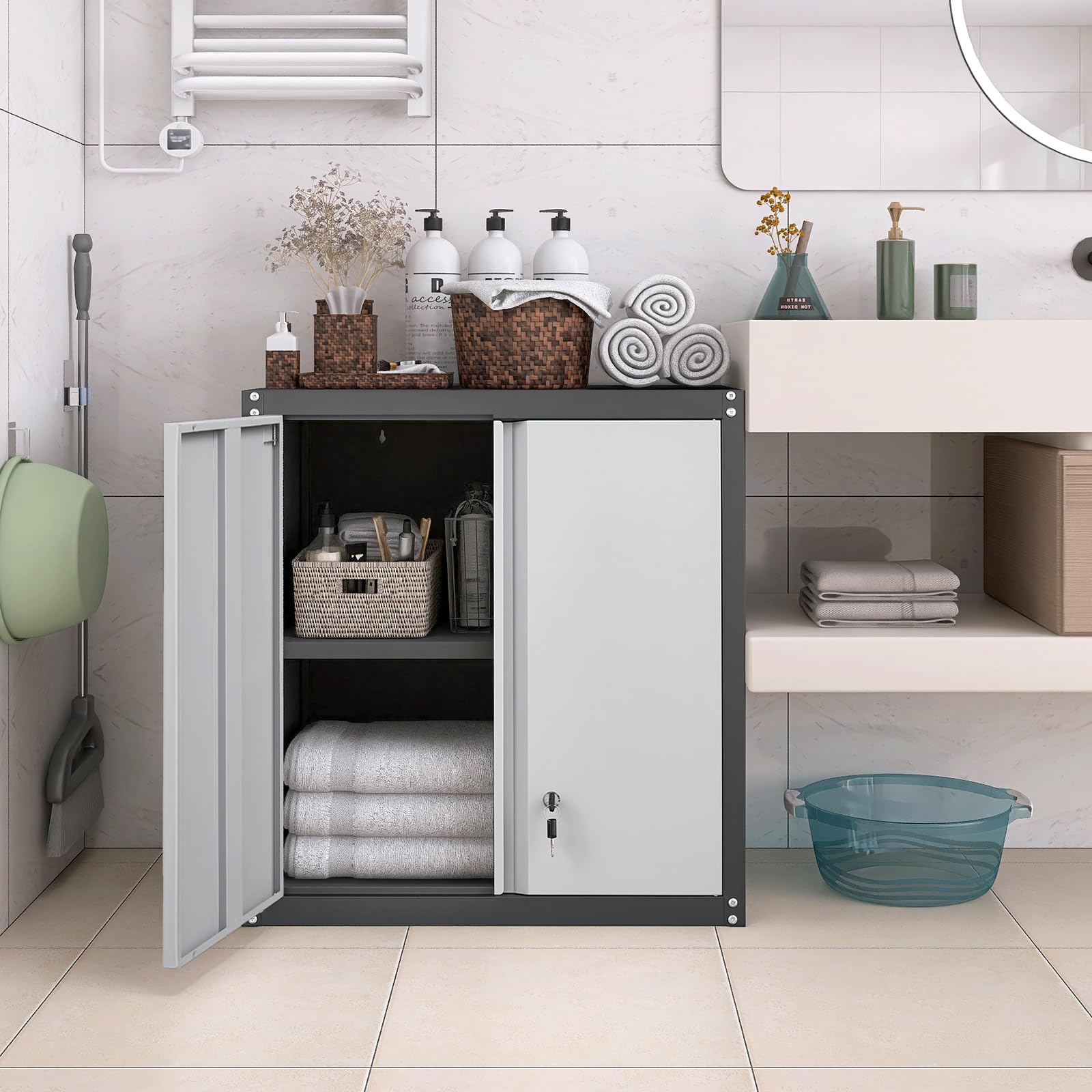 Metal Wall Mounted Storage Cabinet with Adjustable Shelf & Lock - 27.95