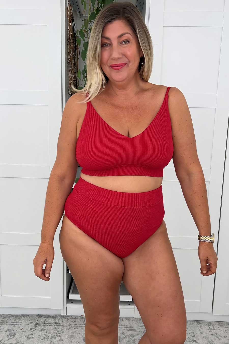 Byron High Waisted Bikini Bottom - Red Textured Swimwear for Women | Beach, Pool & Summer Vacation Essentials