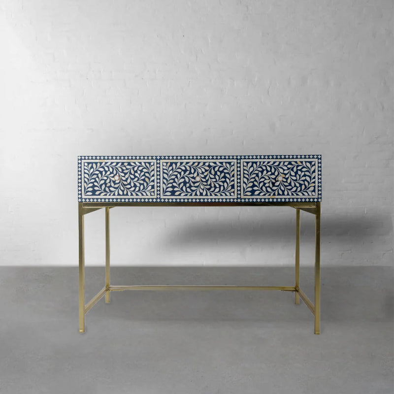 Handmade Blue Floral Bone Inlay Console Table with 3 Drawers - Vintage Boho Entryway Furniture for Living Room, Hallway & Bedroom Decor