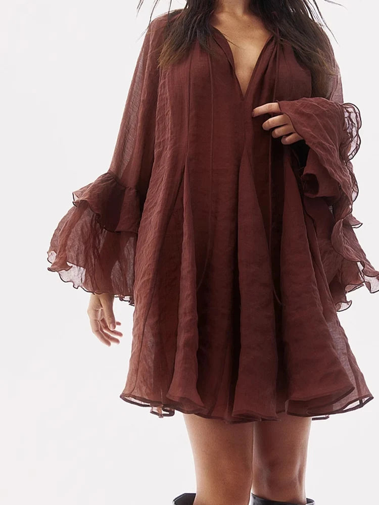 Elegant European & American Style Long Sleeve Pleated Dress with Ruffled Tie Waist - Women's Fashion Dress for Work, Party & Special Occasions