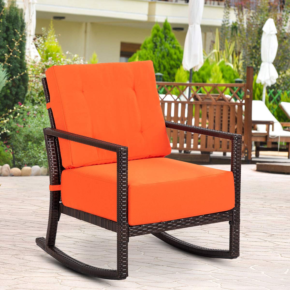 Tangkula Orange Rattan Rocking Chair - Outdoor Patio Rocker with Cushion, Weather-Resistant Wicker Armchair for Garden, Porch & Backyard Relaxation