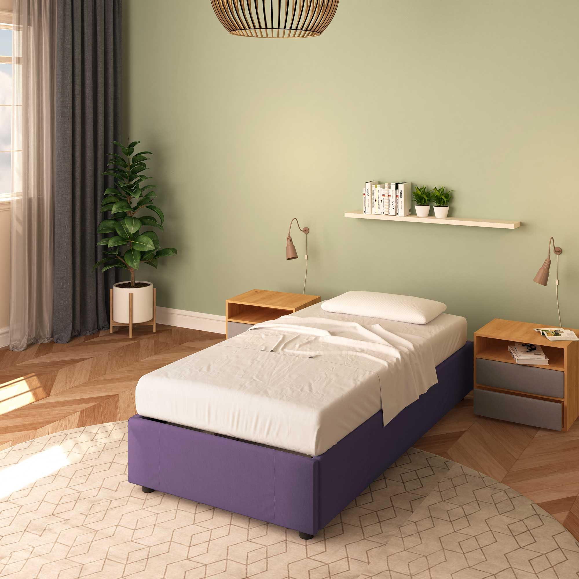 Baldiflex Cloe Square and Half Bed with Fabric Storage, No Headboard, Slatted Base for Mattresses, 100 x 200 cm, Purple - Perfect for Small Bedrooms, Guest Rooms, and Studio Apartments