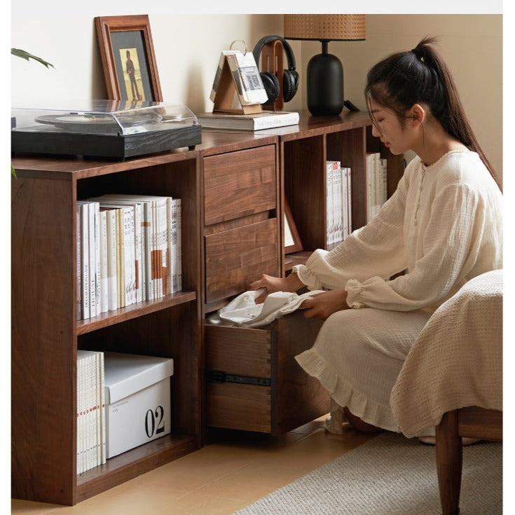 Solid Black Walnut Wood Bookshelf - Low Profile Wall Mounted or Floor Standing Cabinet for Living Room, Bedroom & Home Office Storage