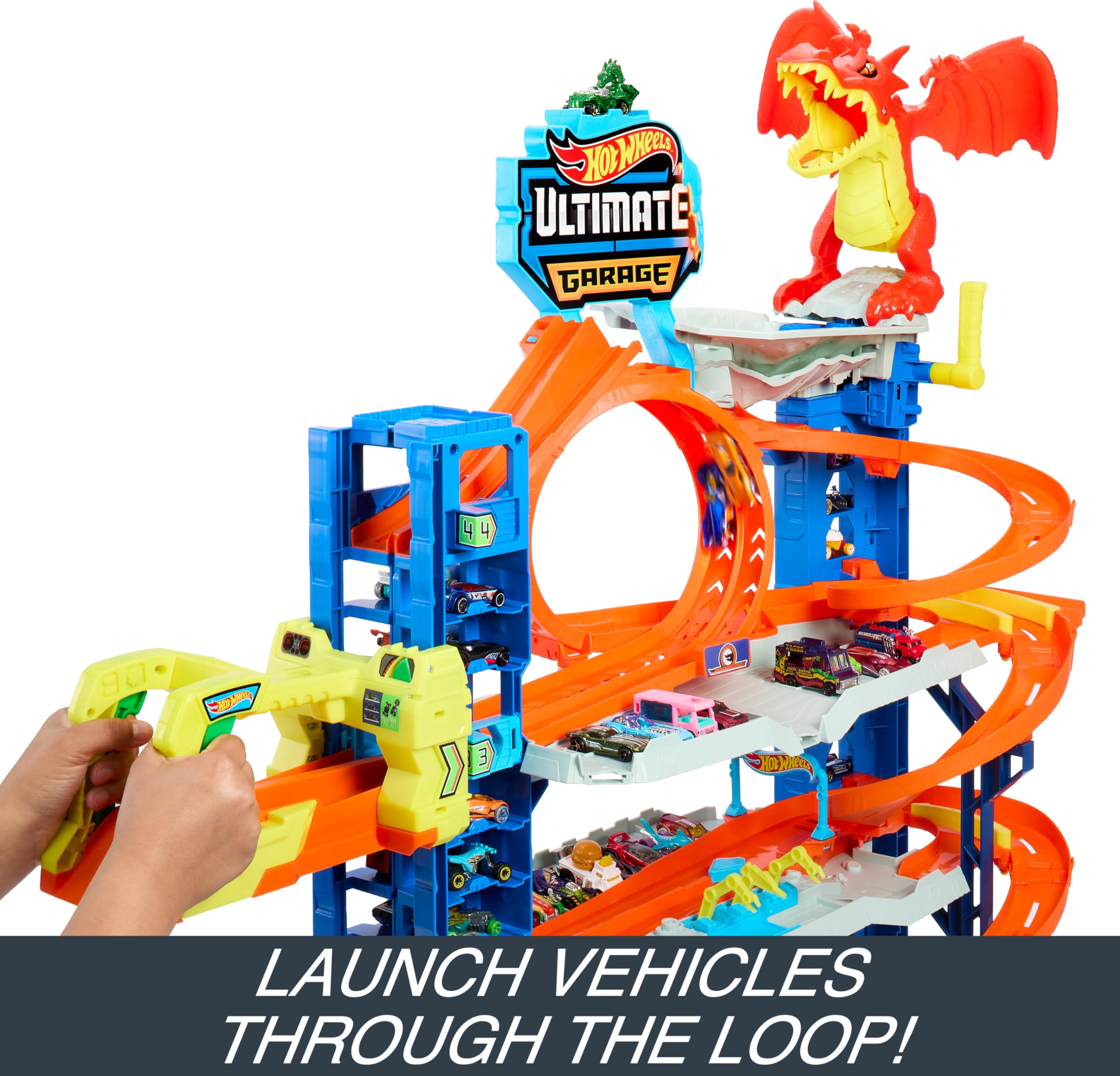 Hot Wheels Ultimate Garage Toy Car Track Set with 2 Die-Cast Cars & Car-Eating Dragon - 4-Level Playset Stores 50+ Vehicles - Perfect for Kids' Birthday Gifts & Indoor Racing Fun