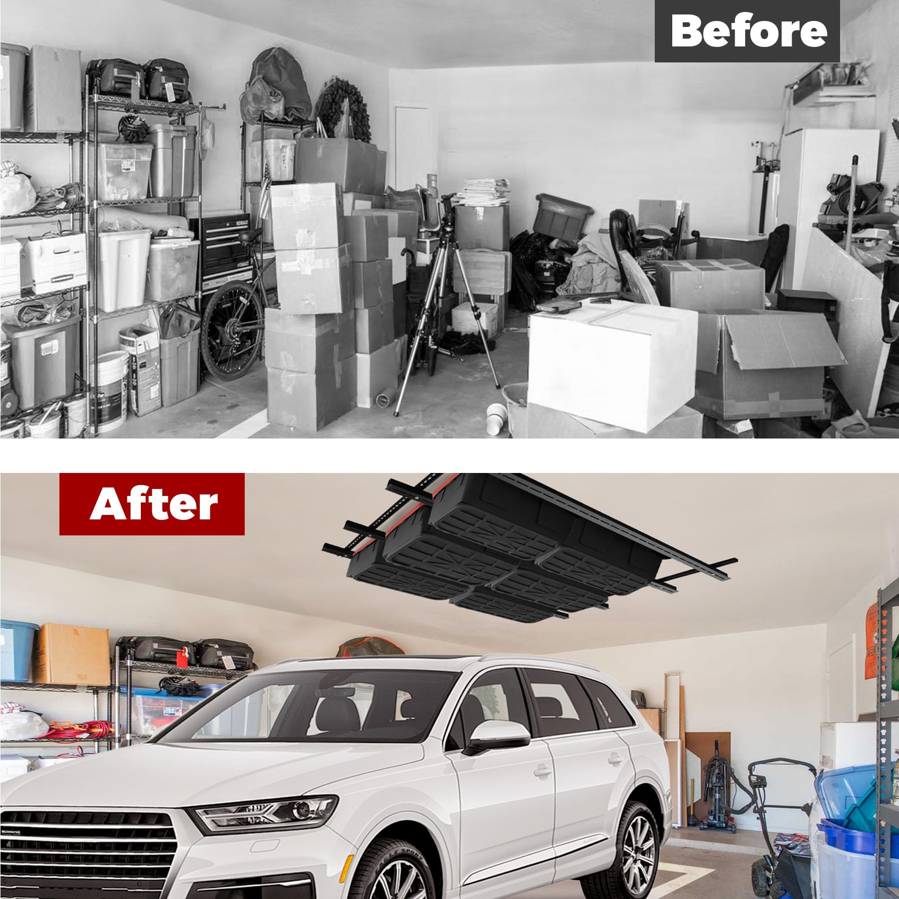 Heavy Duty Overhead Garage Storage Rack System - Adjustable Ceiling Mounted Tote Organizer with Slide Rails, Supports 15 Bins (4 Sets) - Perfect for Garage Organization, Home Storage & Clutter Control