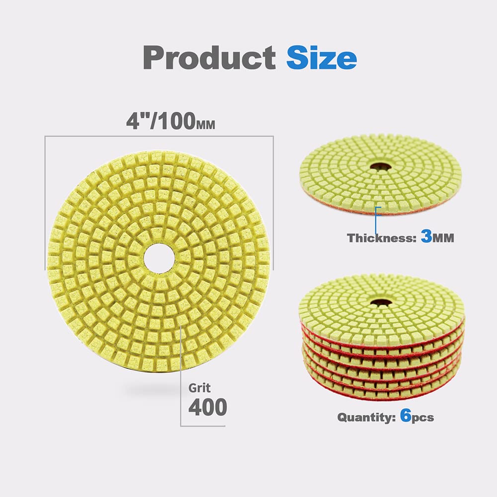 Wet Diamond Polishing Pads 6-Piece Set (4 Inch, #400 Grit) for Granite, Marble, Ceramic & Artificial Stone - Perfect for Grinders & Polishers | Ideal for Countertop, Floor & Tile Polishing