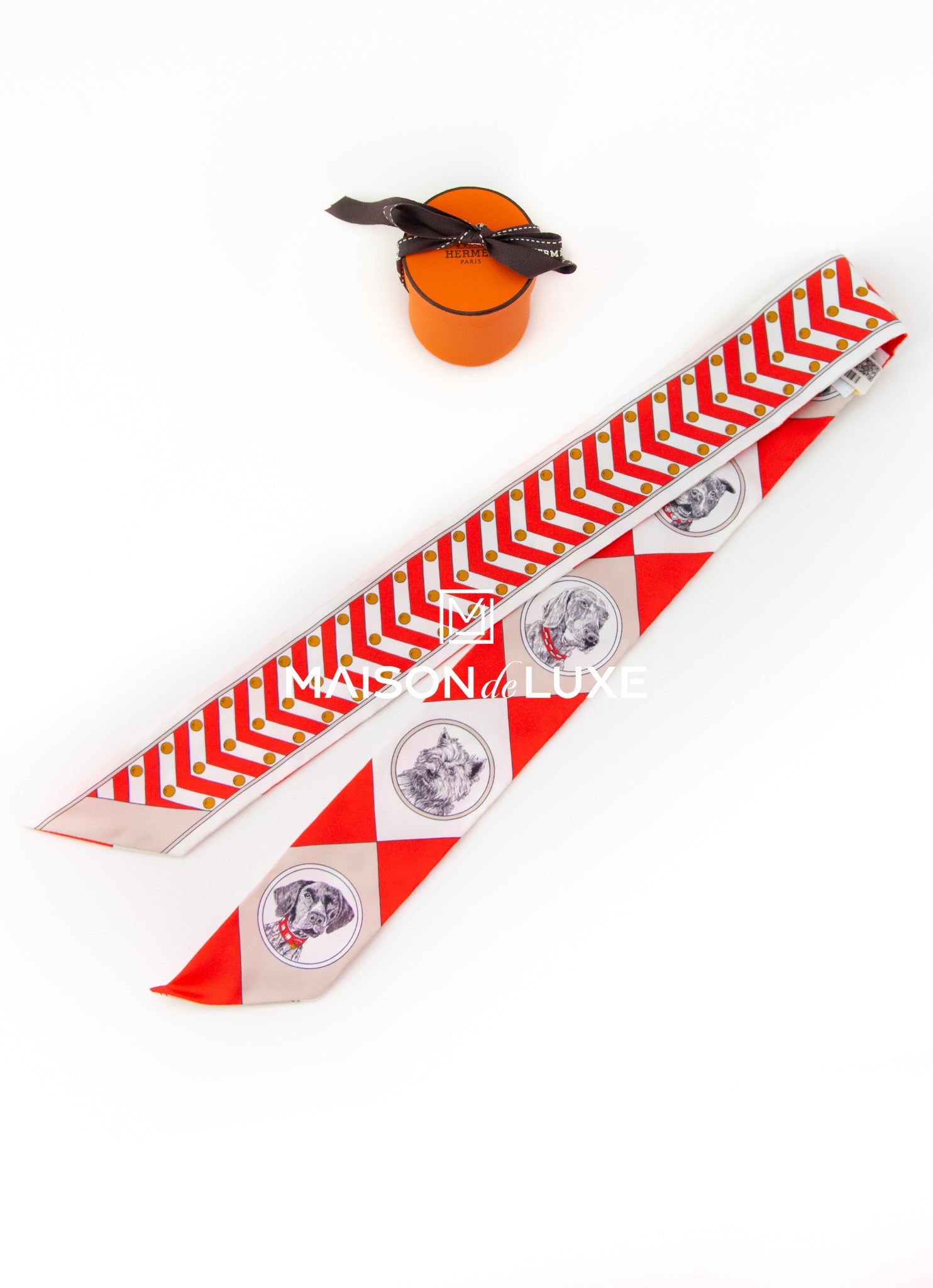 Hermes Red Colliers et Chiens Twilly Silk Scarf - Luxury Fashion Accessory for Women, Perfect for Handbags, Hats & Gift Giving