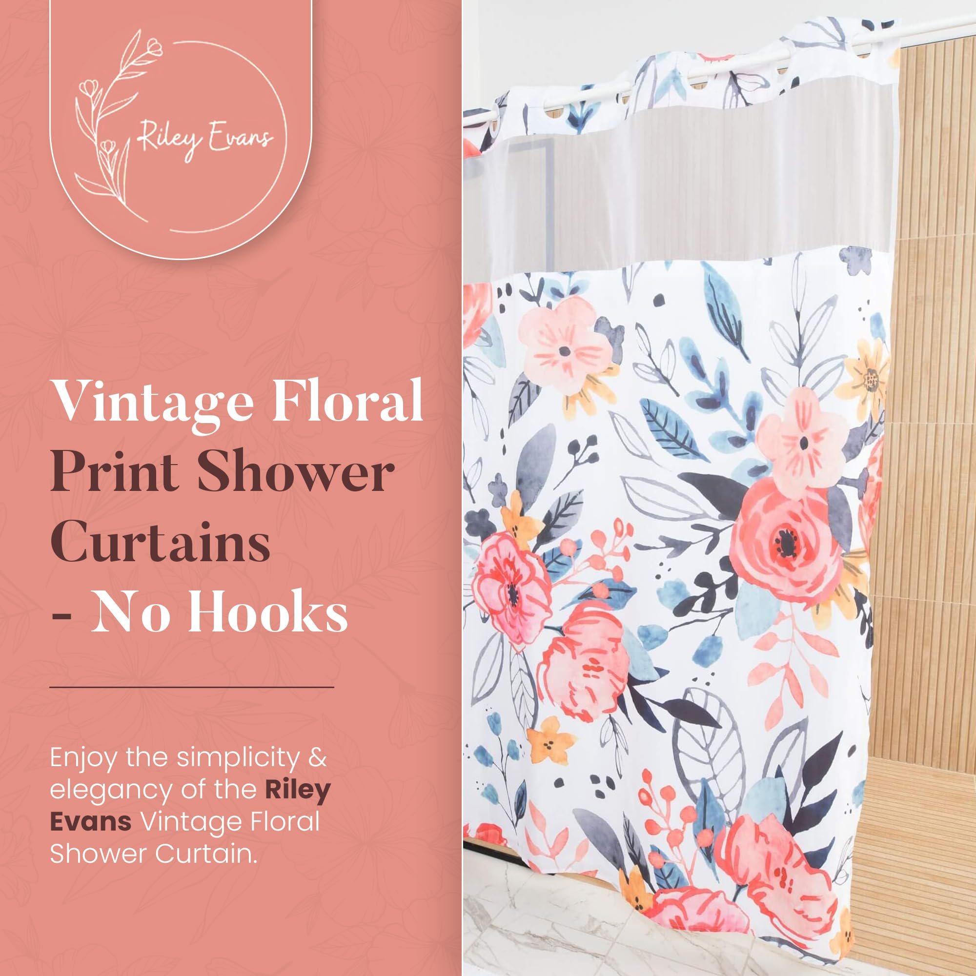 Riley Evans Snap-On Floral Shower Curtain with Liner - 71x74 Inch No Hook Bathroom Set with Window - Waterproof Hotel Style Shower Curtain for Bathroom Decor (Ideal for Guest Bathrooms, Vacation Rentals & Spa-Like Showers)