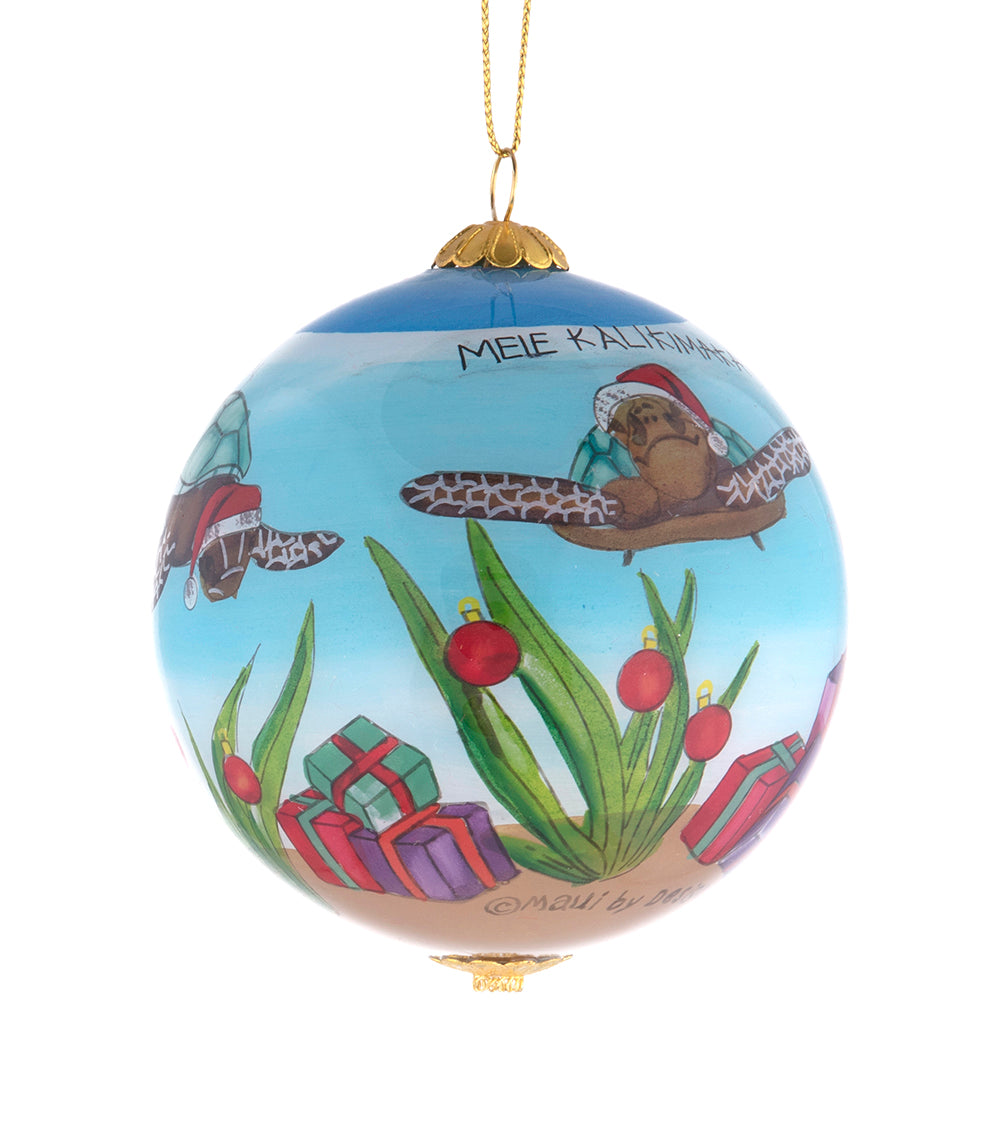 Hand-Blown Glass Christmas Turtle Ornament - Hawaiian Holiday Decor for Tree, Gift, or Home Decoration