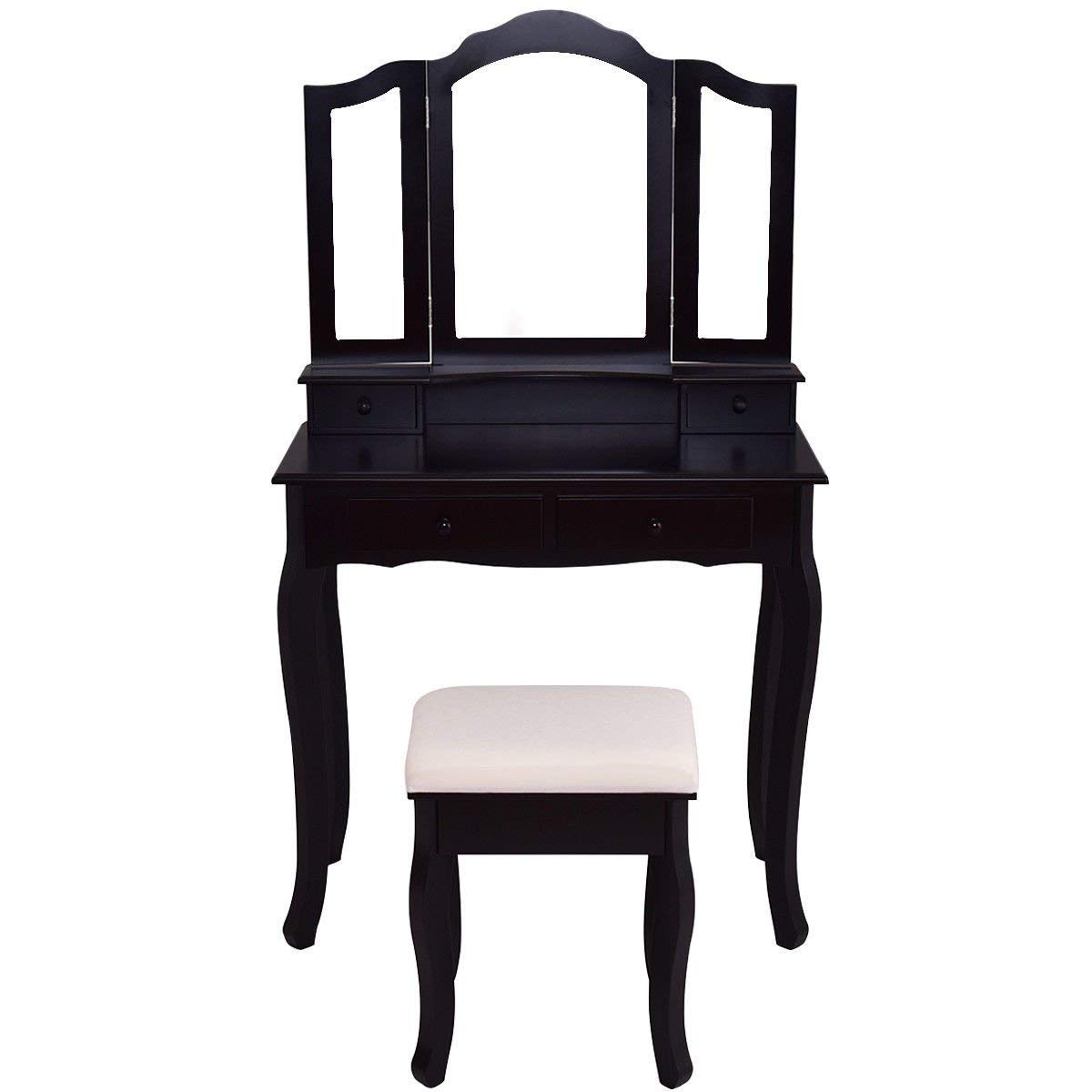 Casart Black Bathroom Vanity Set with Tri-Folding Mirror & Bench - 4 Drawer Dressing Table Makeup Vanity for Home (Perfect for Small Spaces & Bedroom Organization)