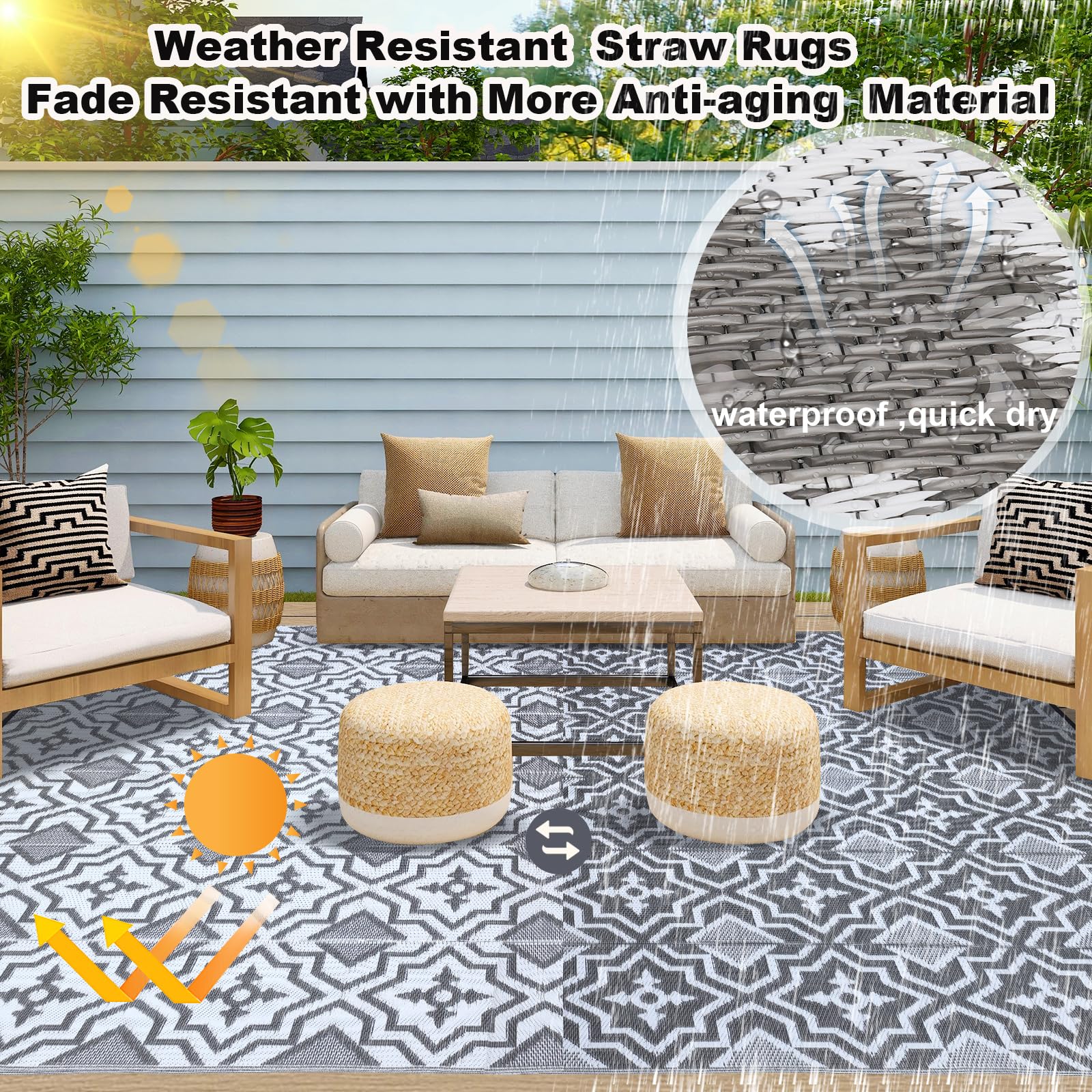 9x12 Waterproof Outdoor Rug - Recyclable Plastic Straw Woven Patio Mat for Camping, RV, Yard & Deck - Grey Indoor/Outdoor Rug for All Weather Use