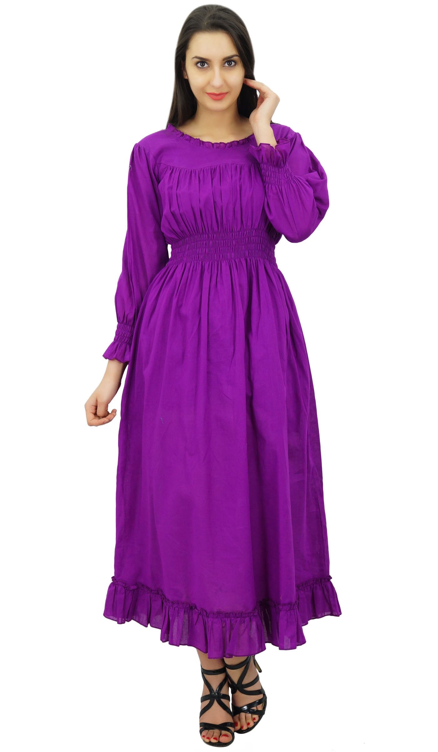 Bimba Women's Cotton Smocked Waist Long Casual Maxi Dress - Flowy Summer Beach Dress for Vacation, Date Night & Boho Outfits